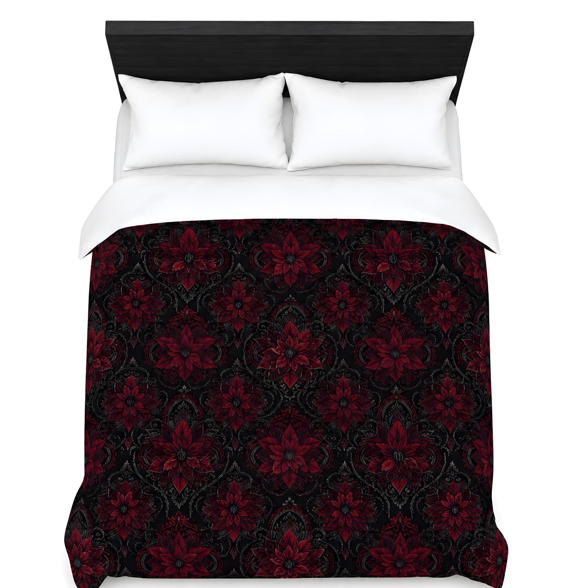 Flat lay photo of a Gothic Christmas duvet cover featuring burgundy poinsettias.