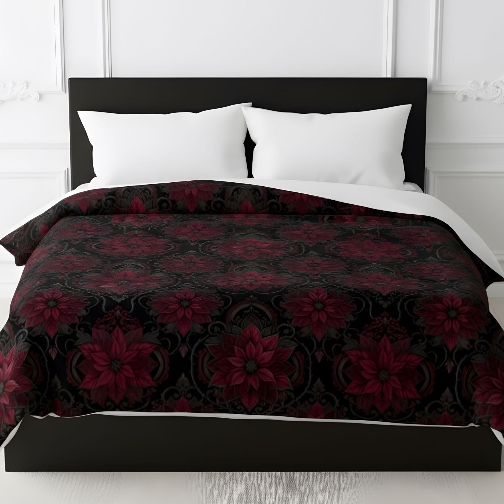 Poinsettia flower duvet cover for a gothic Christmas bedroom.