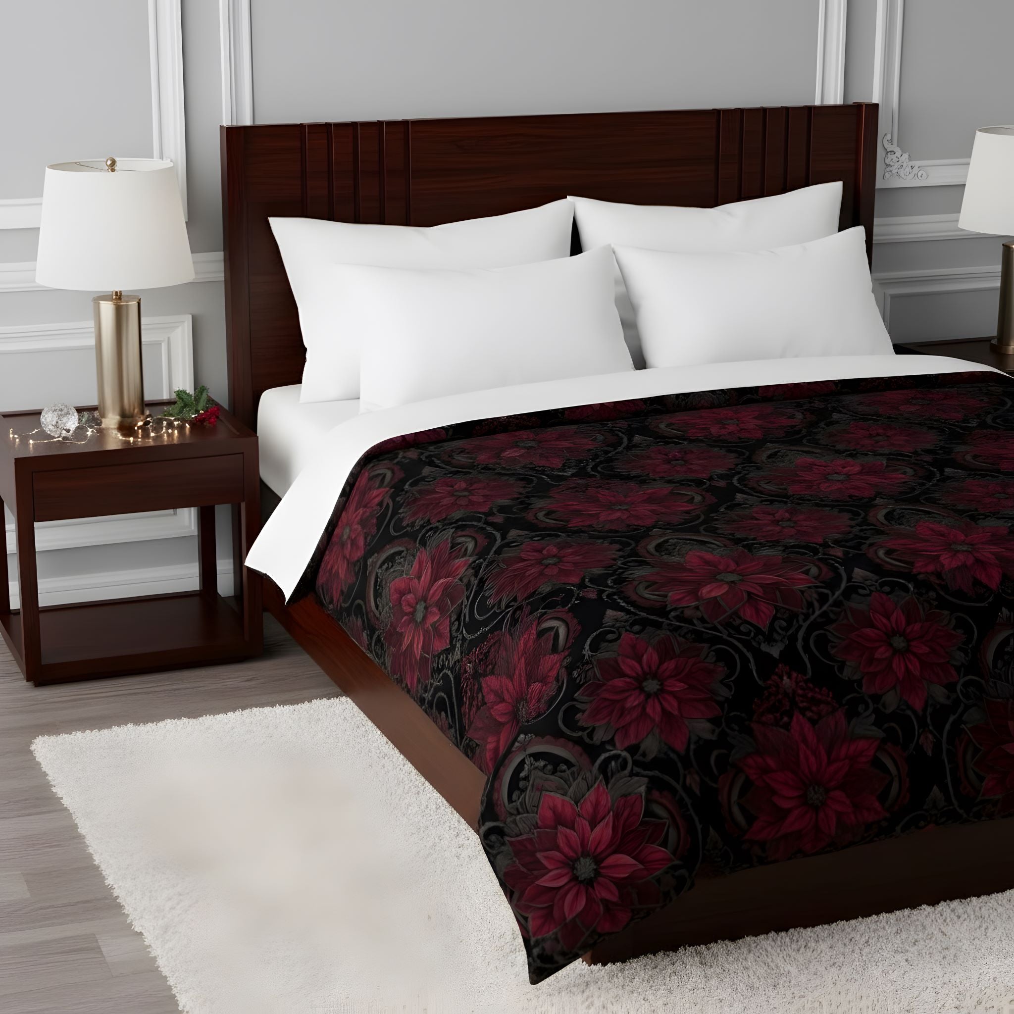 Gothic Christmas Duvet Cover with Burgundy Poinsettias