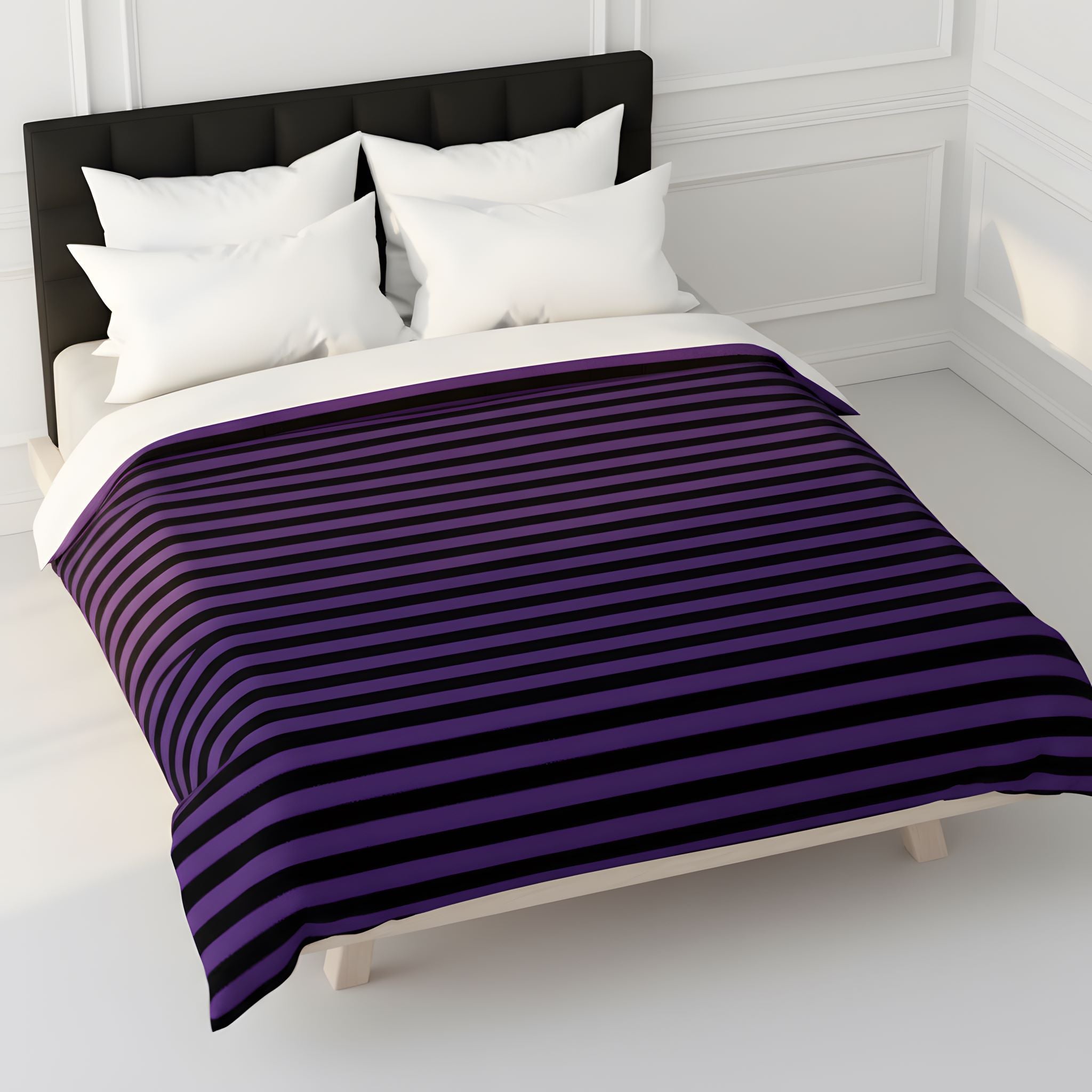 Black and purple striped duvet cover for Gothic Halloween bedroom decor.