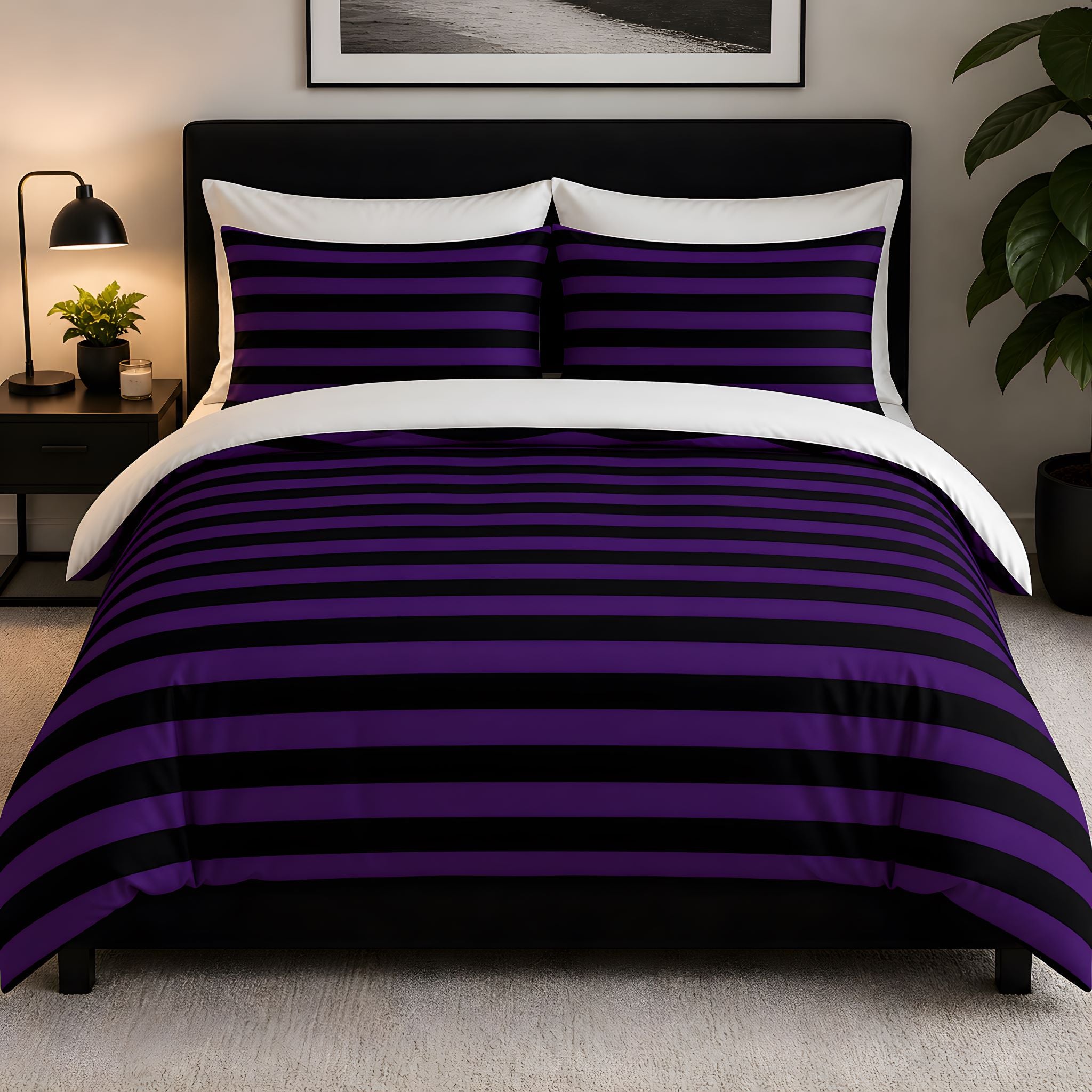 Gothic Halloween duvet cover with horizontal purple and black stripes with matching pillow shams.