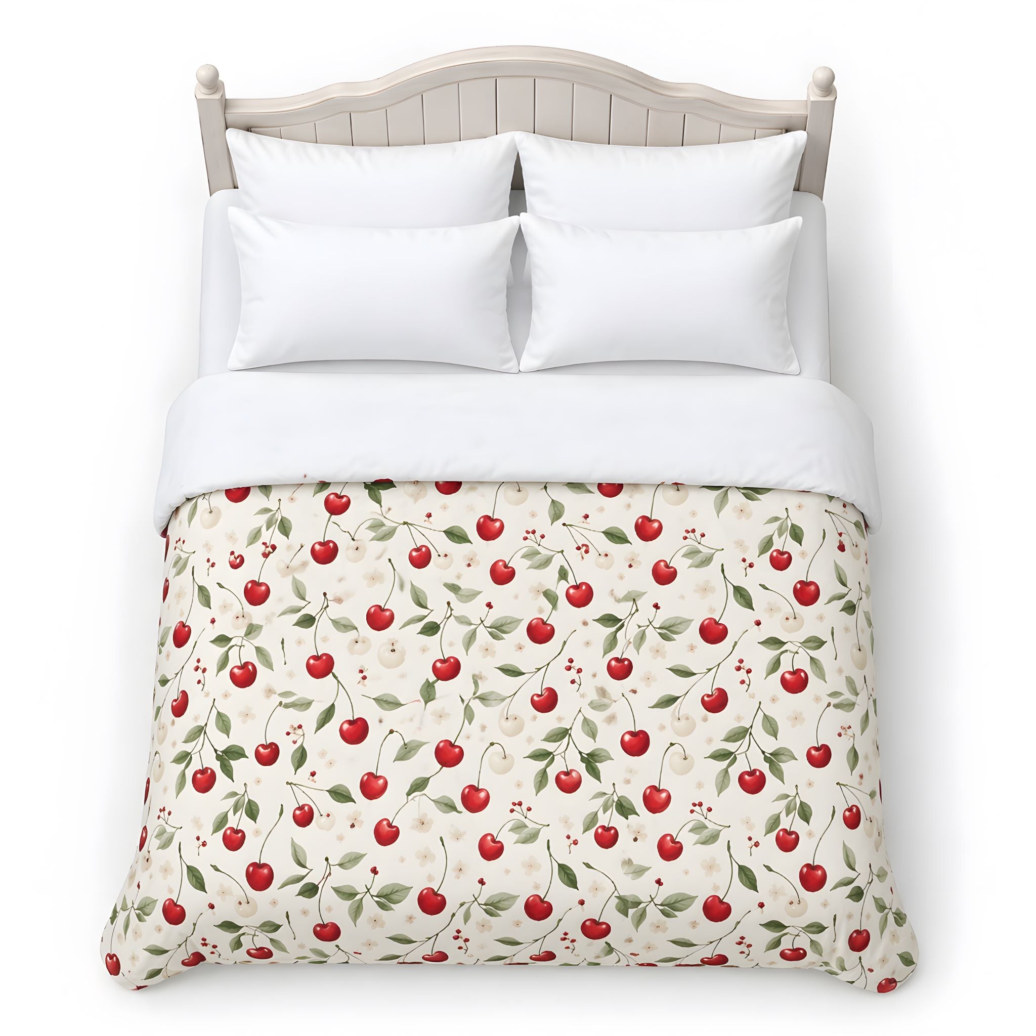 Bed with cherry comforter and white pillows on a white background