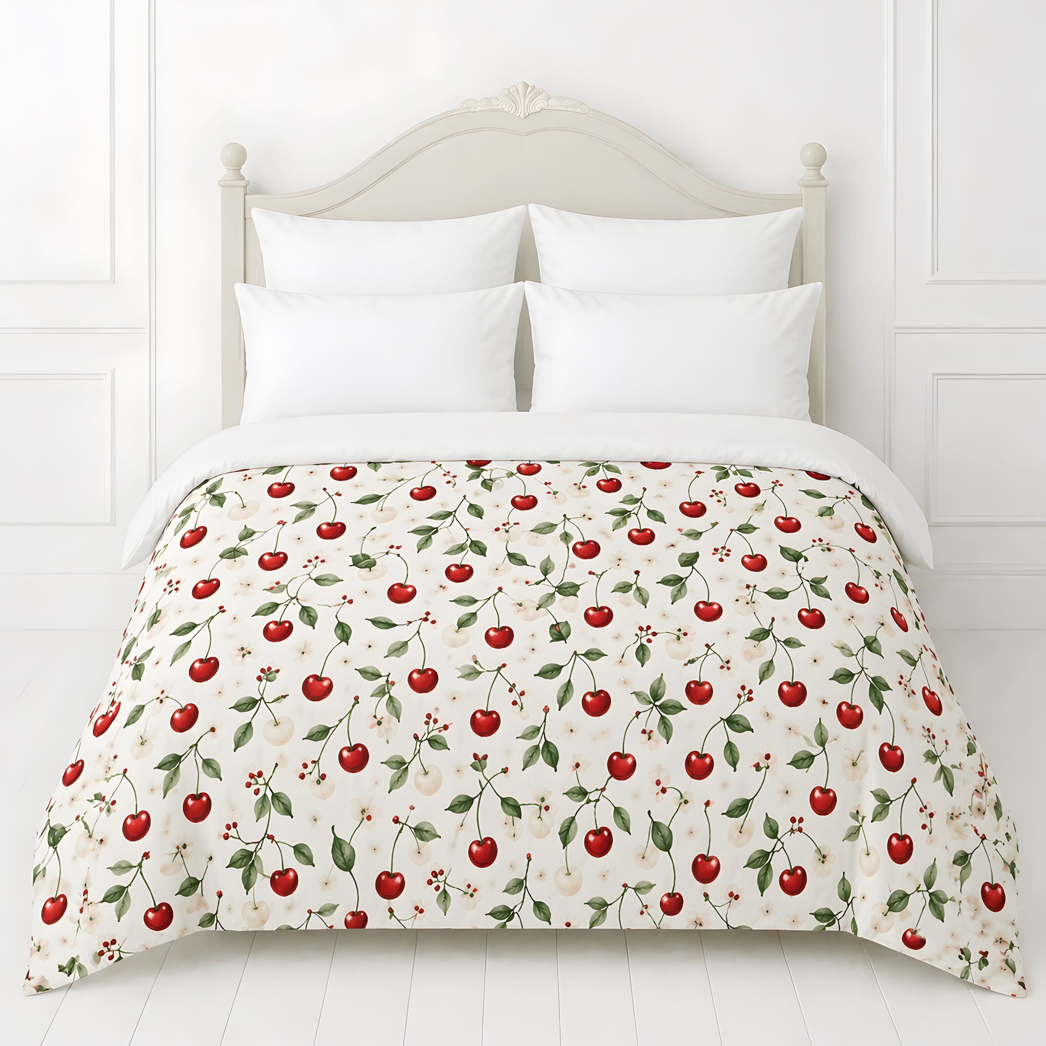 Cherry duvet cover on a white bed.