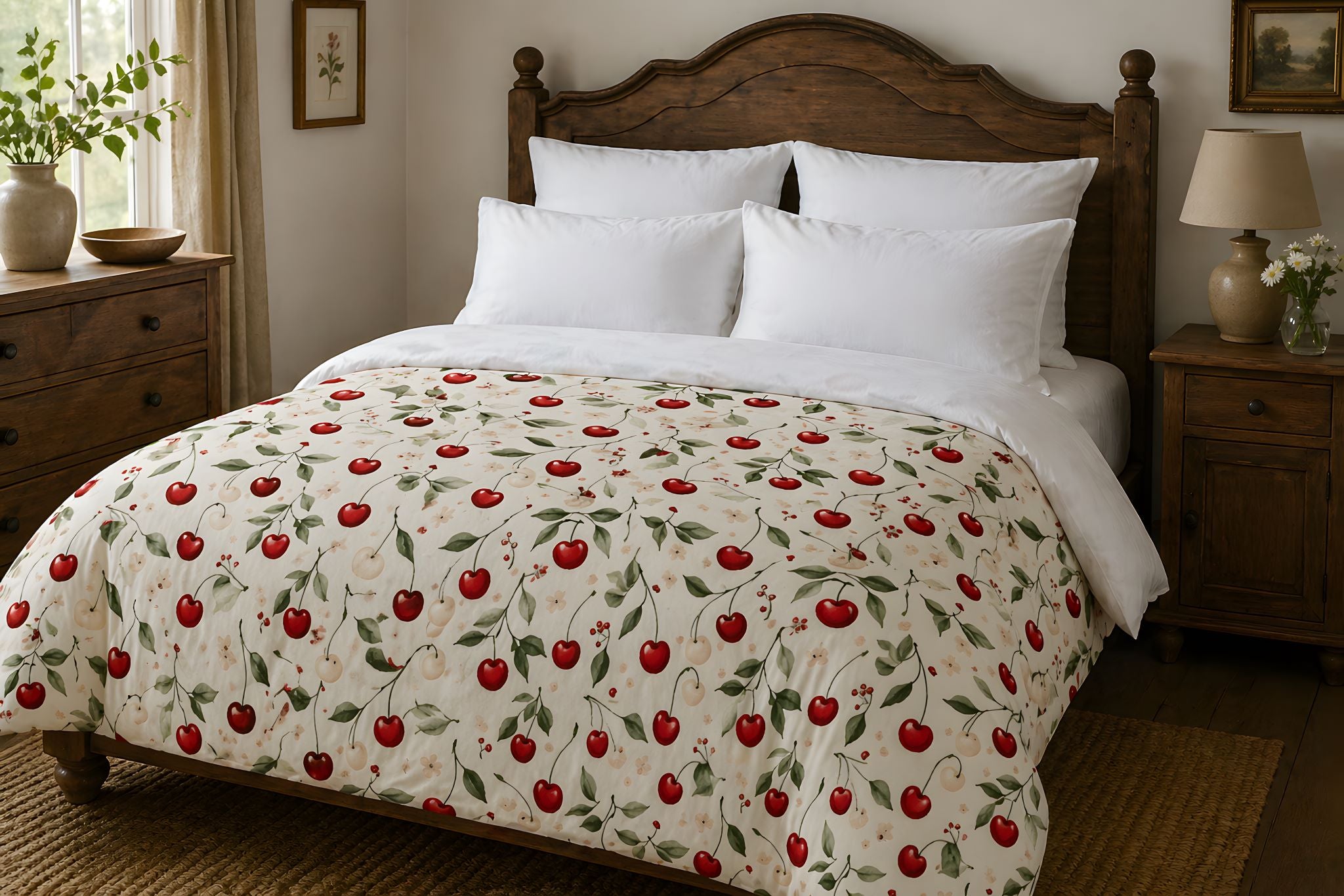 Cottage bedroom with cherry bedding aesthetic on a wooden bed