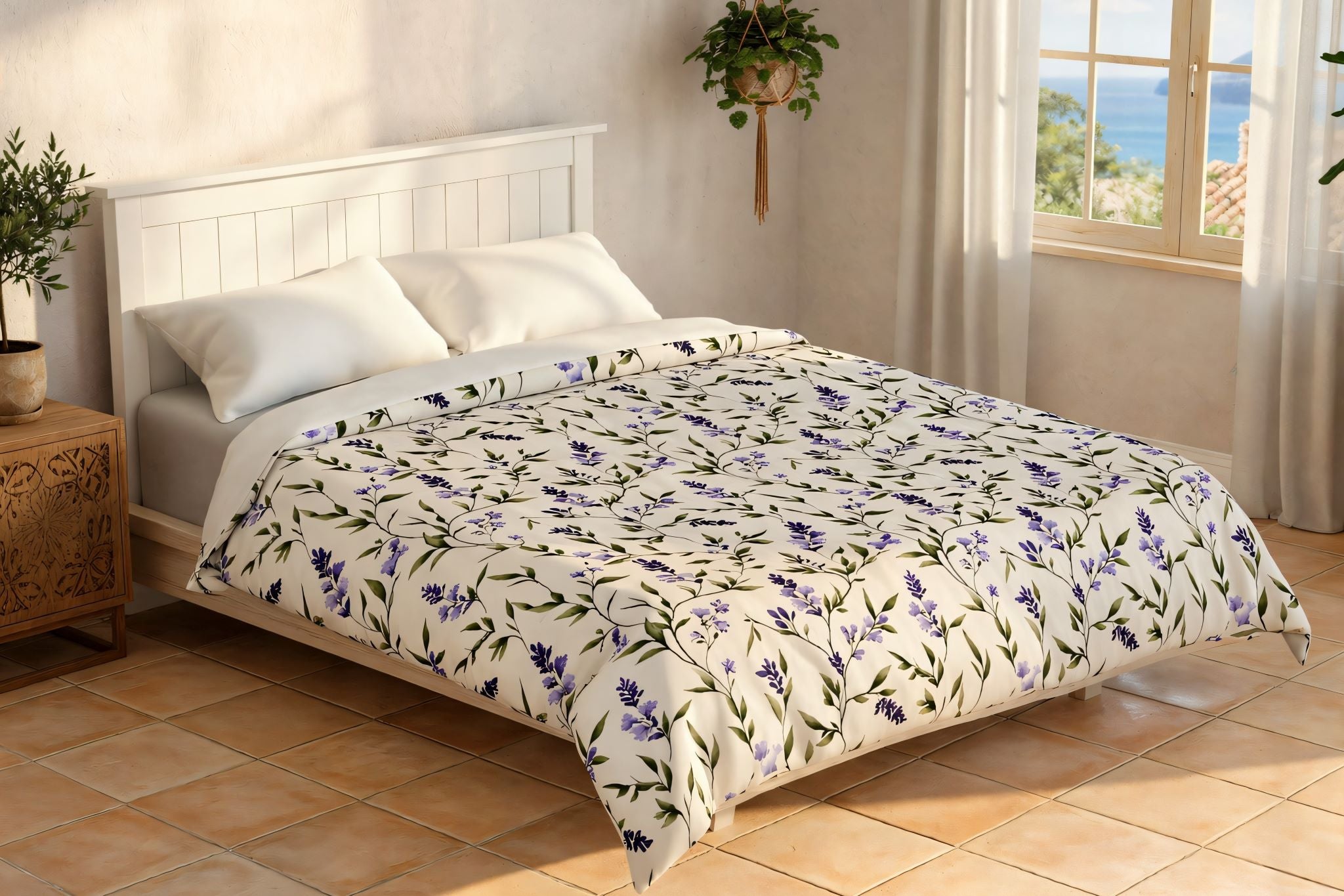 Mediterranean bedroom with lavender sprig bedding and white pillows.