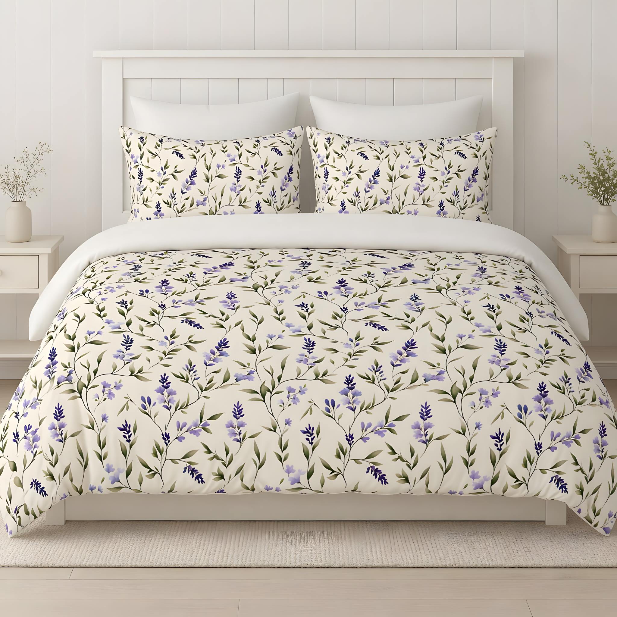 Lavender duvet cover and matching pillow shams in a Mediteranean farmhouse styled bedroom.