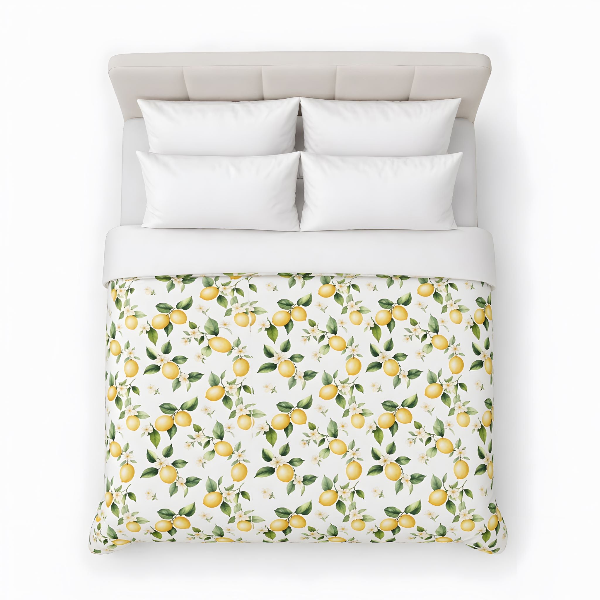 Flat lay photo of a bed with lemon  duvet cover and white pillows on a white background.