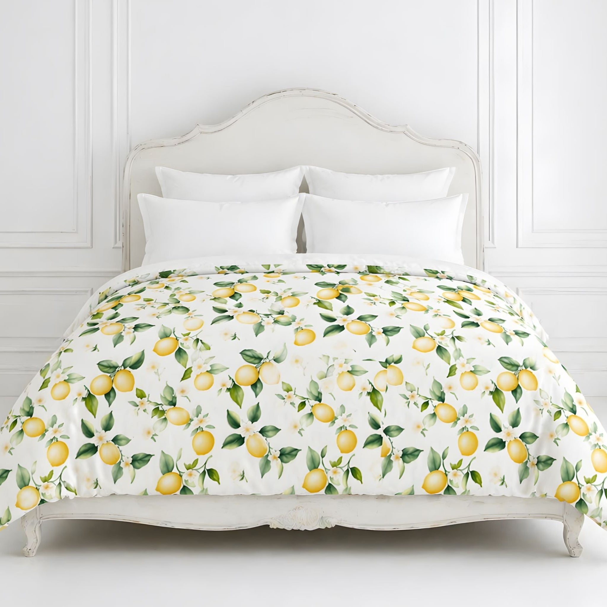 White bed with a lemon duvet cover.
