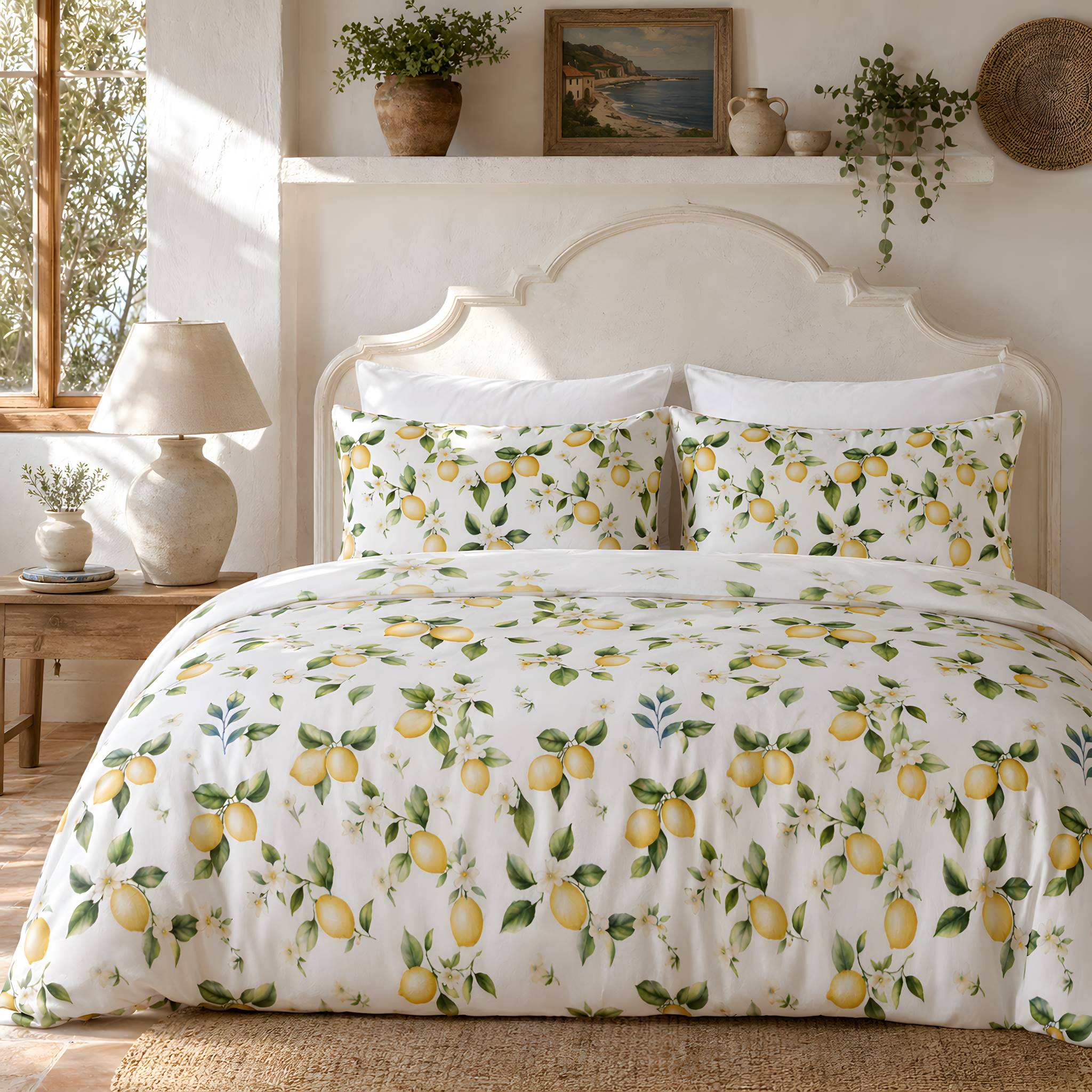 Lemon duvet cover cover with matching pillow shams in a Mediterranean cottage bedroom.