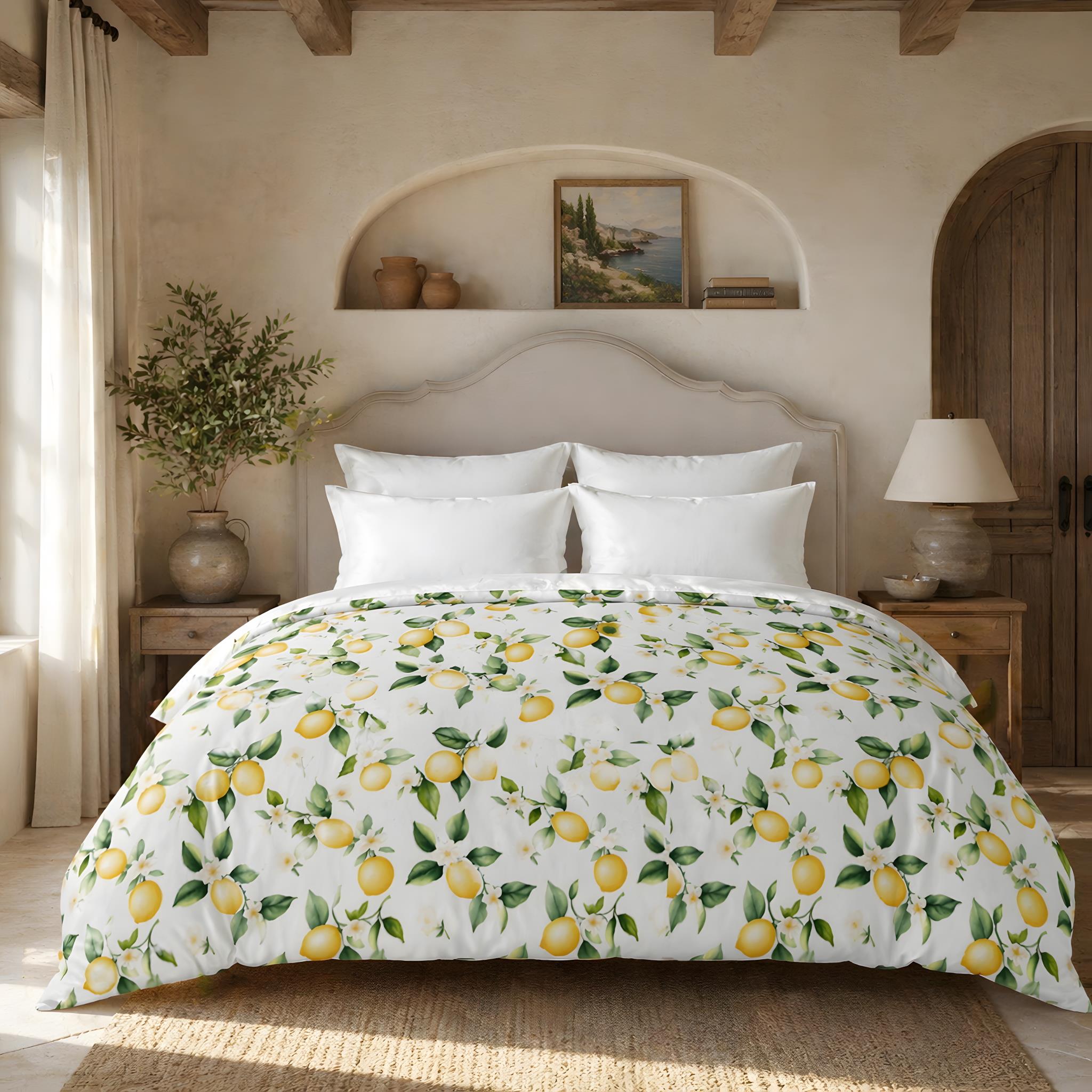 Mediterranean bedroom with a bed covered in a lemon duvet cover.