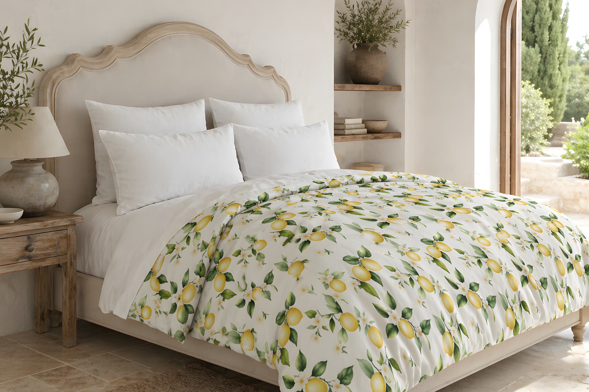 Bed with lemon comforter in a bright Mediterranean bedroom.