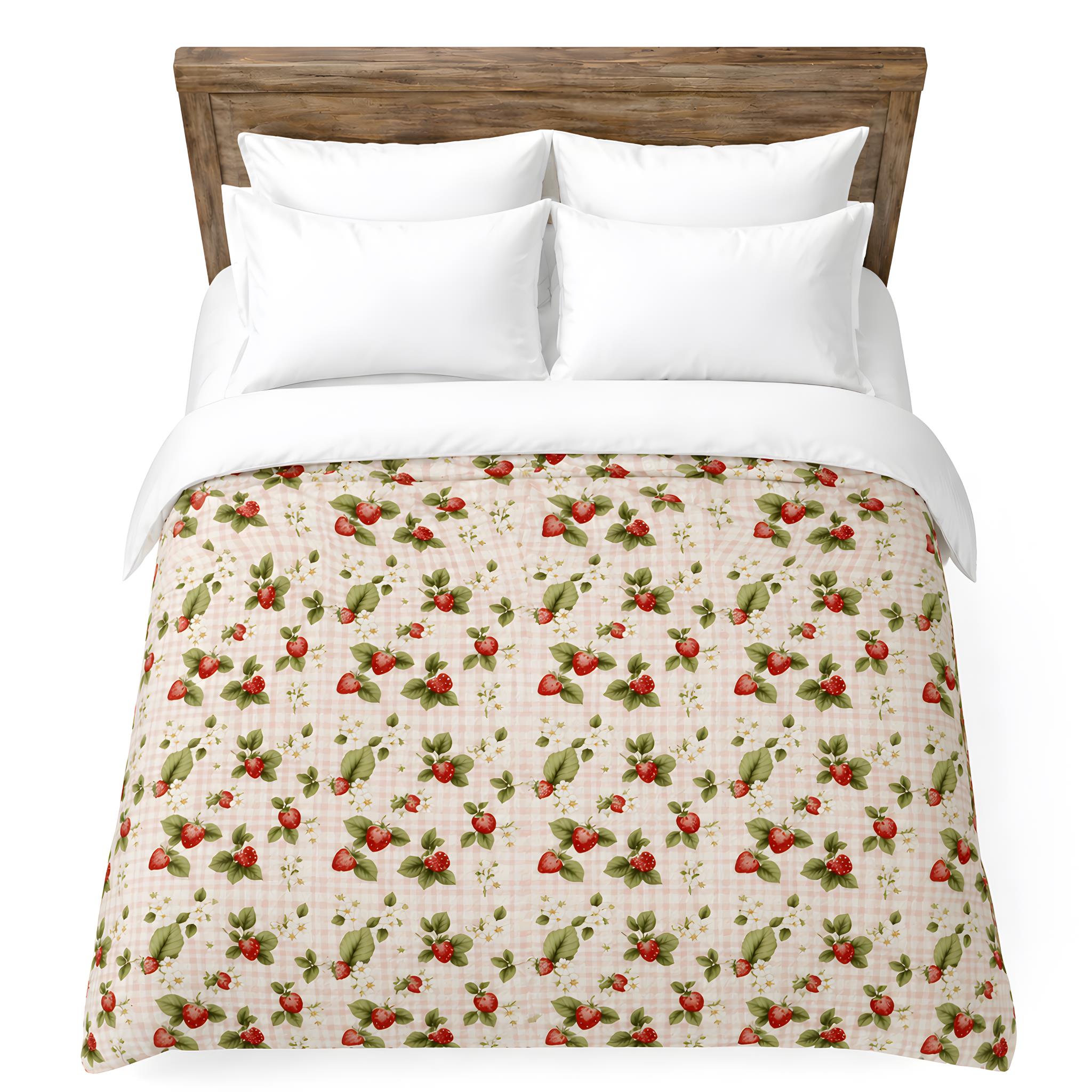 Queen bed styled with strawberry gingham duvet cover.