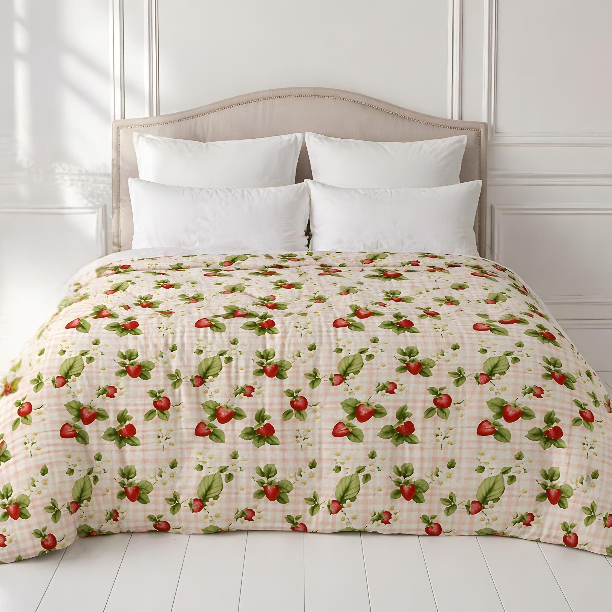 Pink plaid duvet with strawberry pattern on bed.