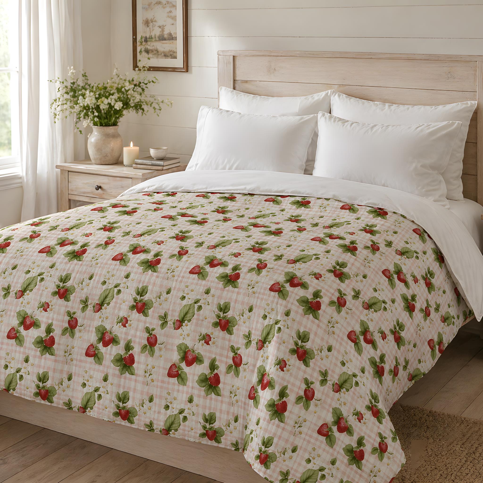 Soft pastel bedding with a strawberry gingham pattern in enchanted cottage bedroom.