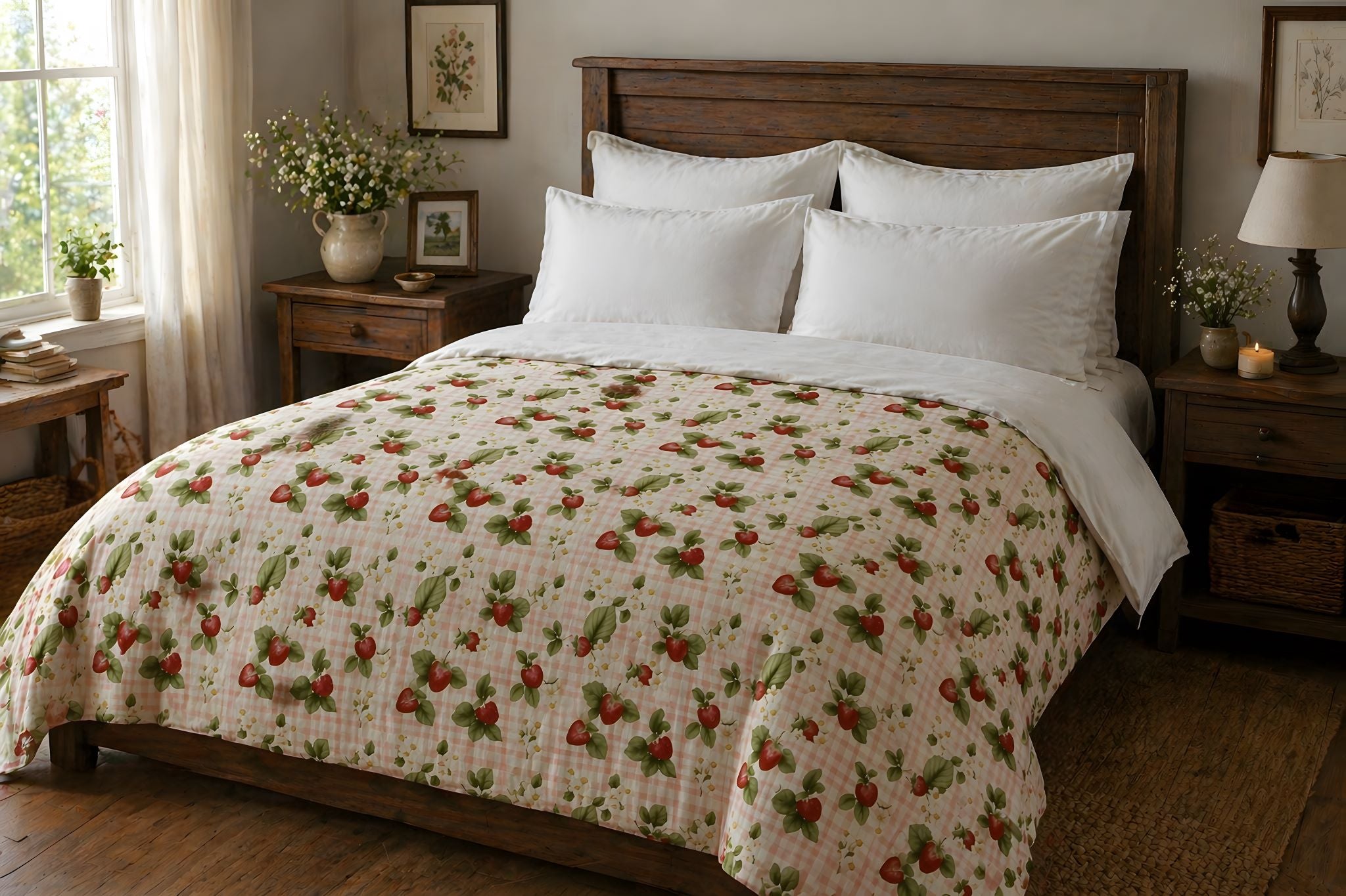 Bedroom with a bed featuring a strawberry patterned comforter.