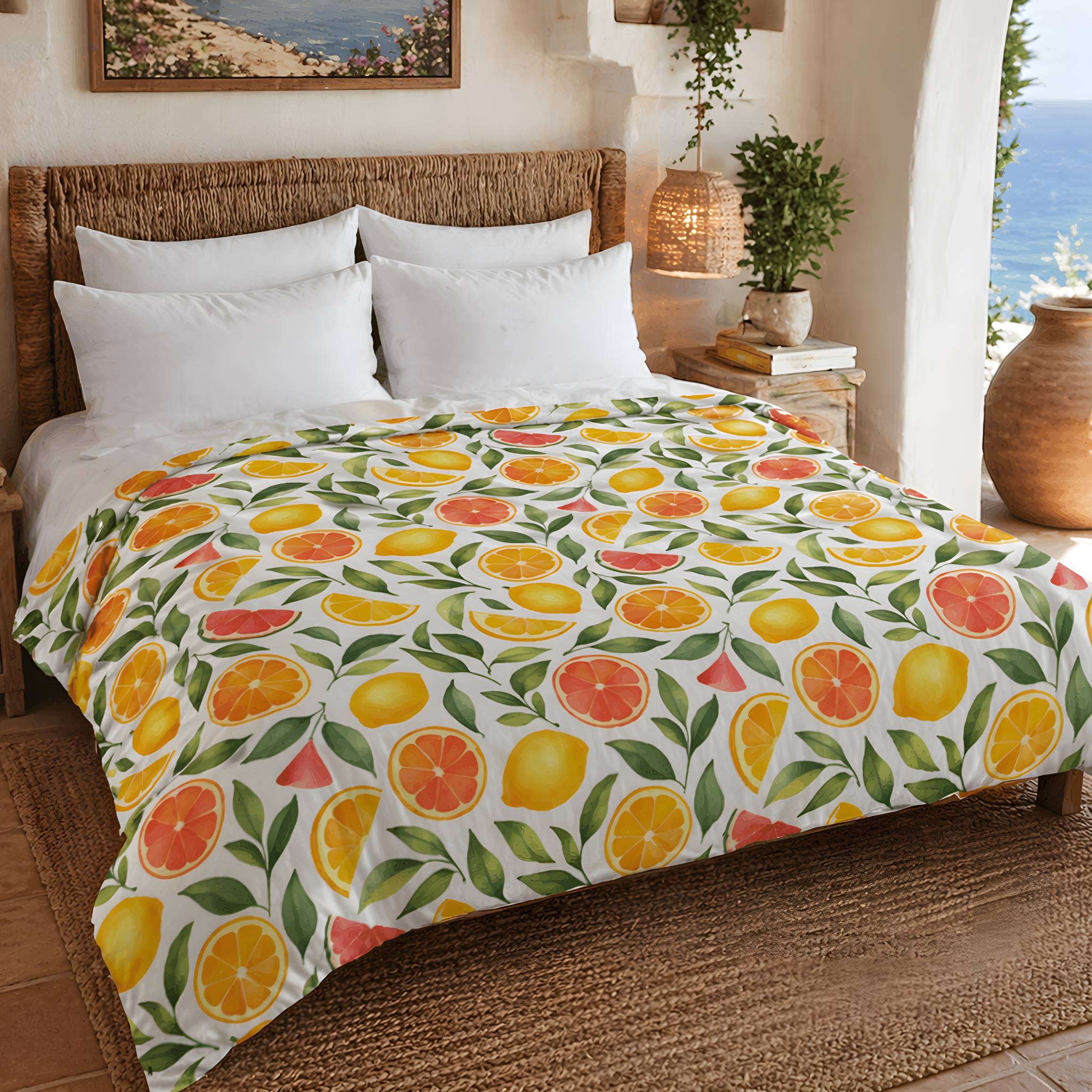 Mediterranean bedroom with citrus fruit bedding.