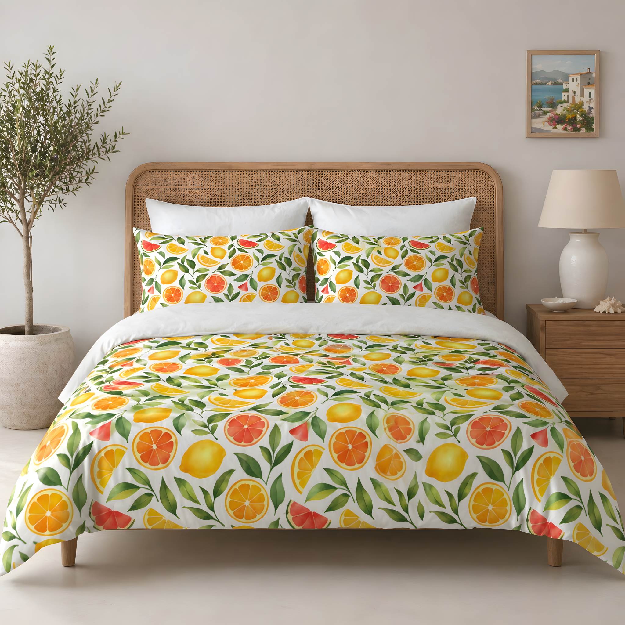 Queen bed styled with citrus duvet cover and matching orange, lemon and grapefruit pillow shams.