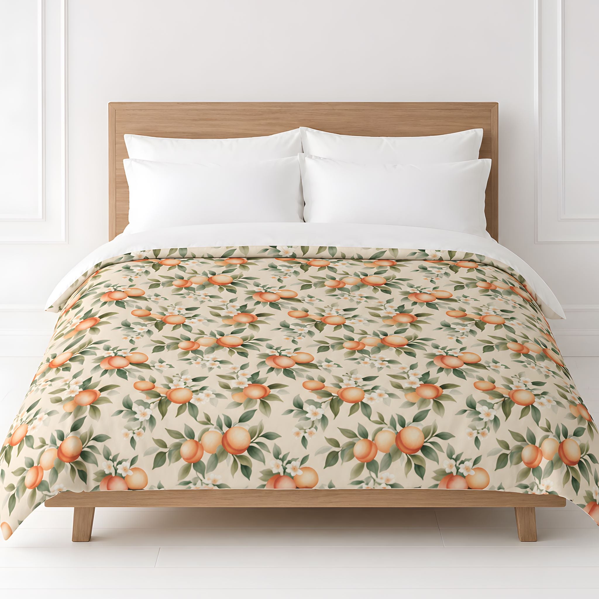 Peach fruit duvet cover on a wooden bed