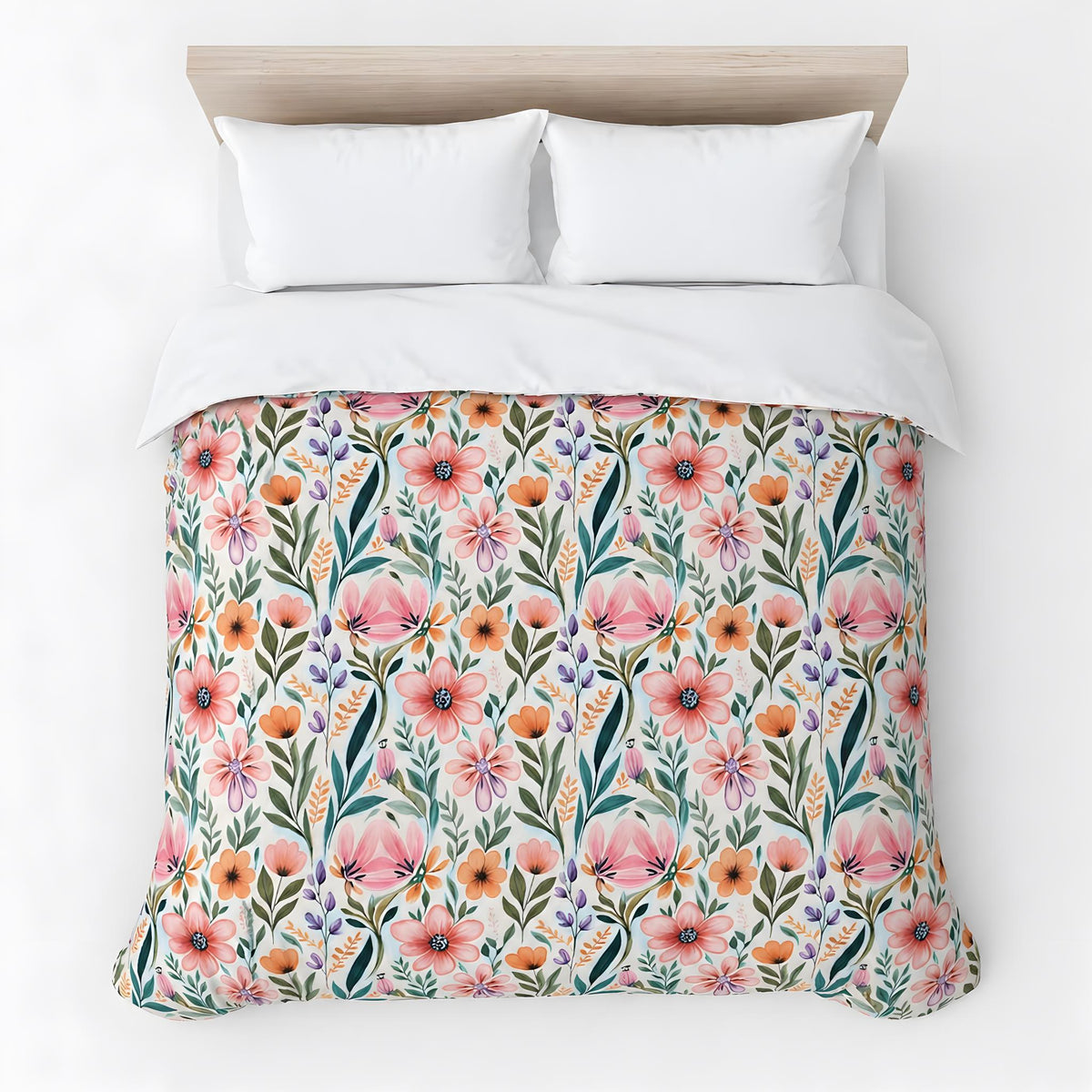 Flat lay of colorful floral duvet cover on a bed with wood headboard.