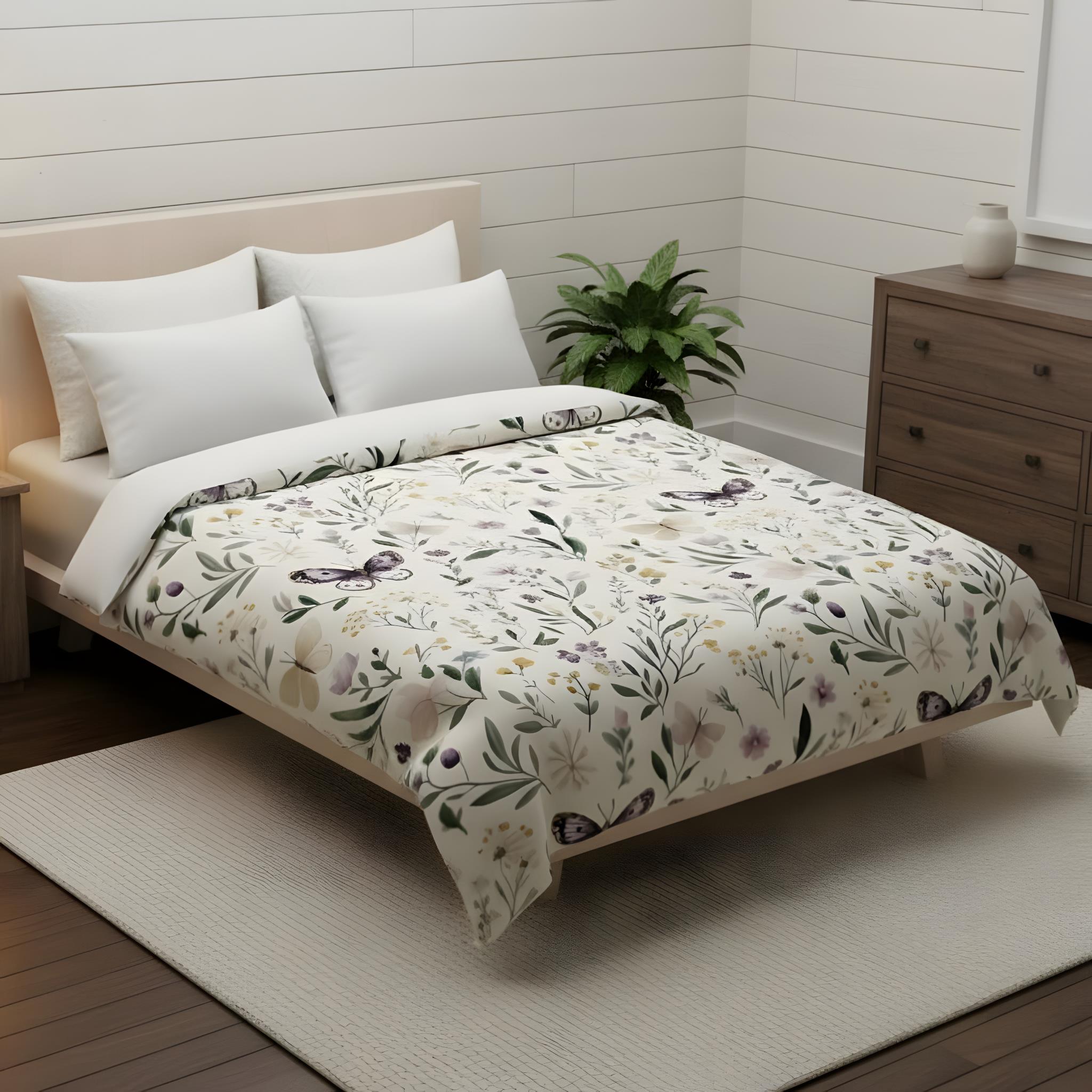 Cottage bedroom with butterfly and floral bedding.