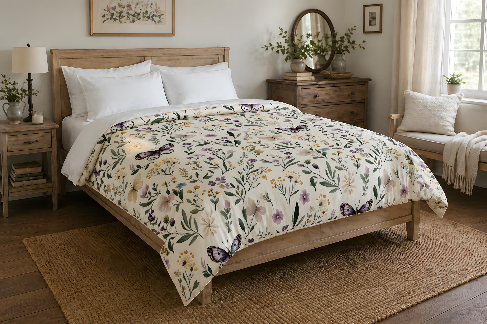 Cottage Bedroom with floral and butterfly bedding on a wooden bed frame, side tables, and a lamp.