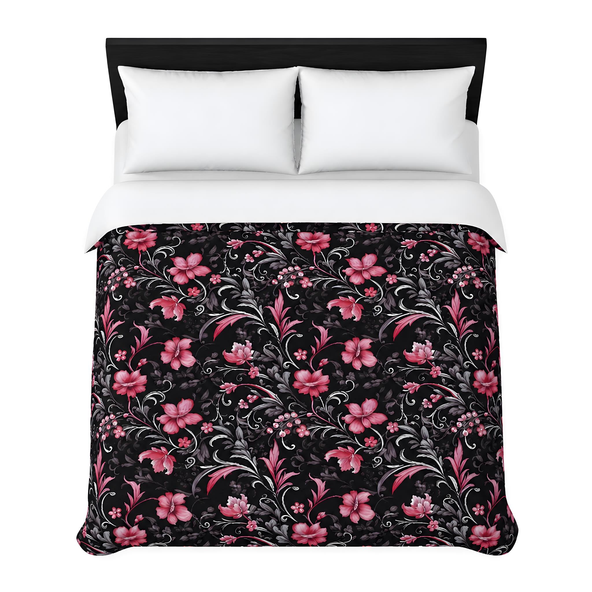 Flat lay of a black bed with pink flower bedding.