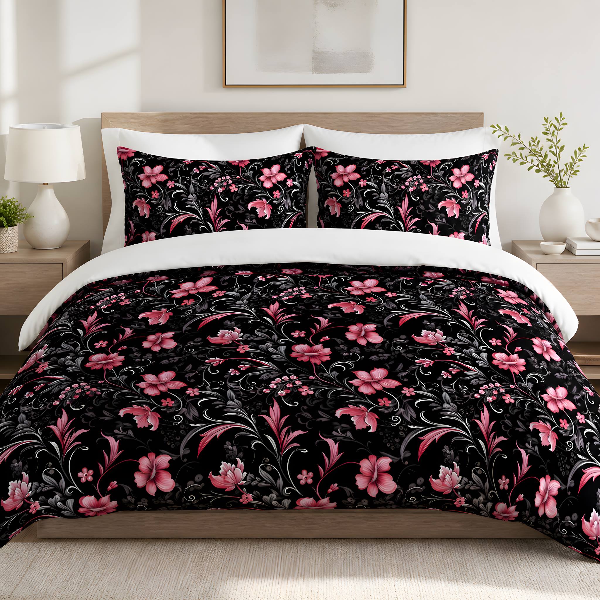 Moody botanical bedding set with pink flowers on a duvet with matching pillow shams.