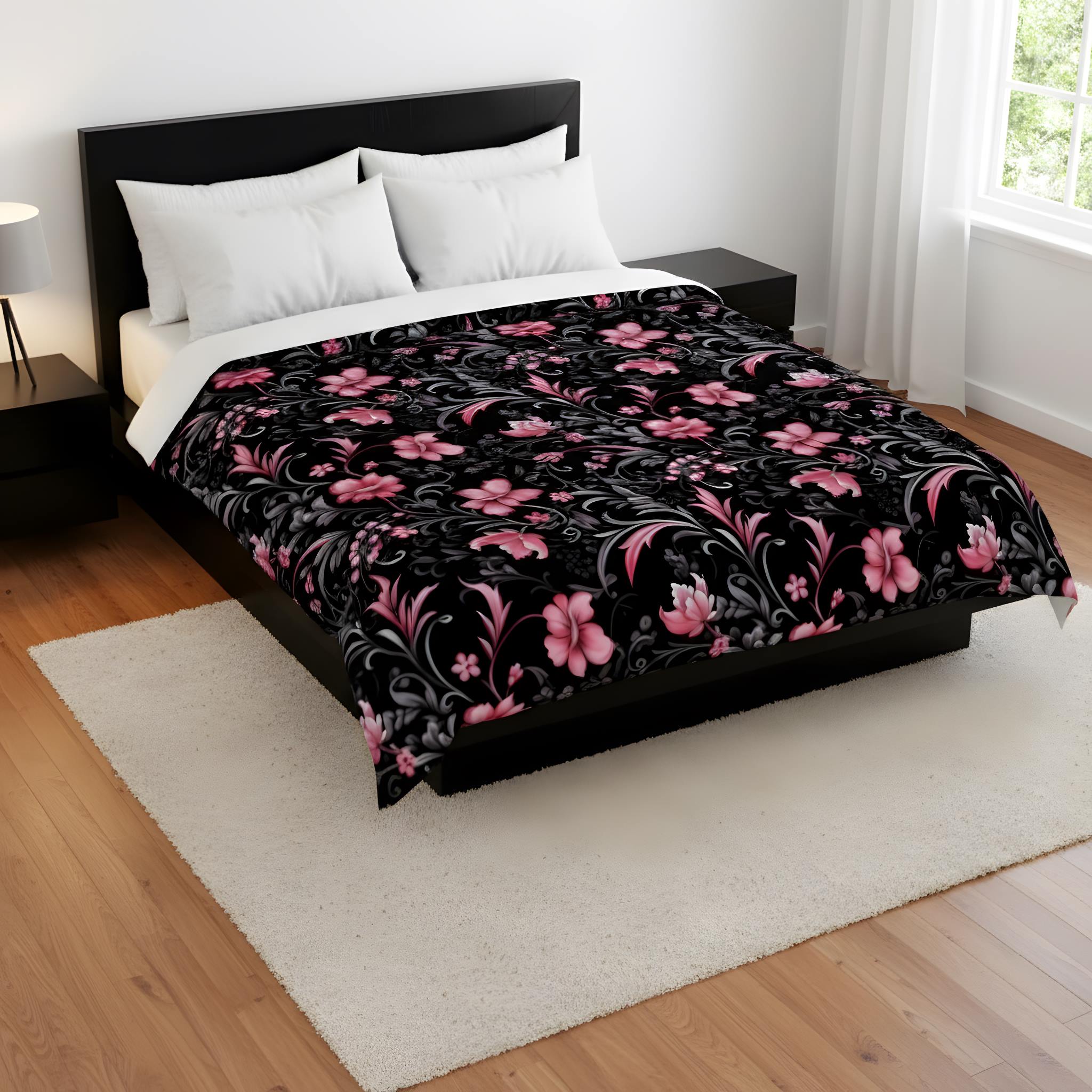 A pink and black floral duvet cover on a black bed.