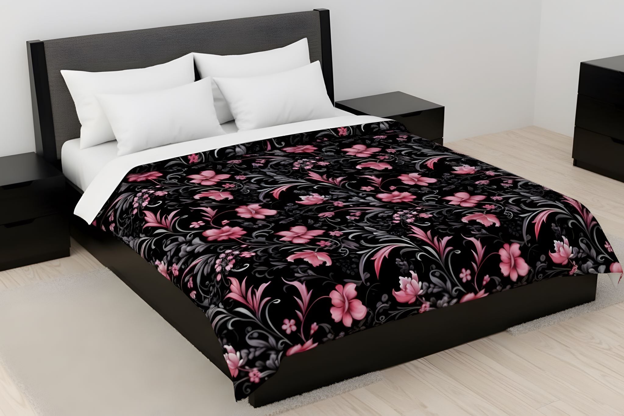 A Modern bedroom with a pink floral duvet cover.