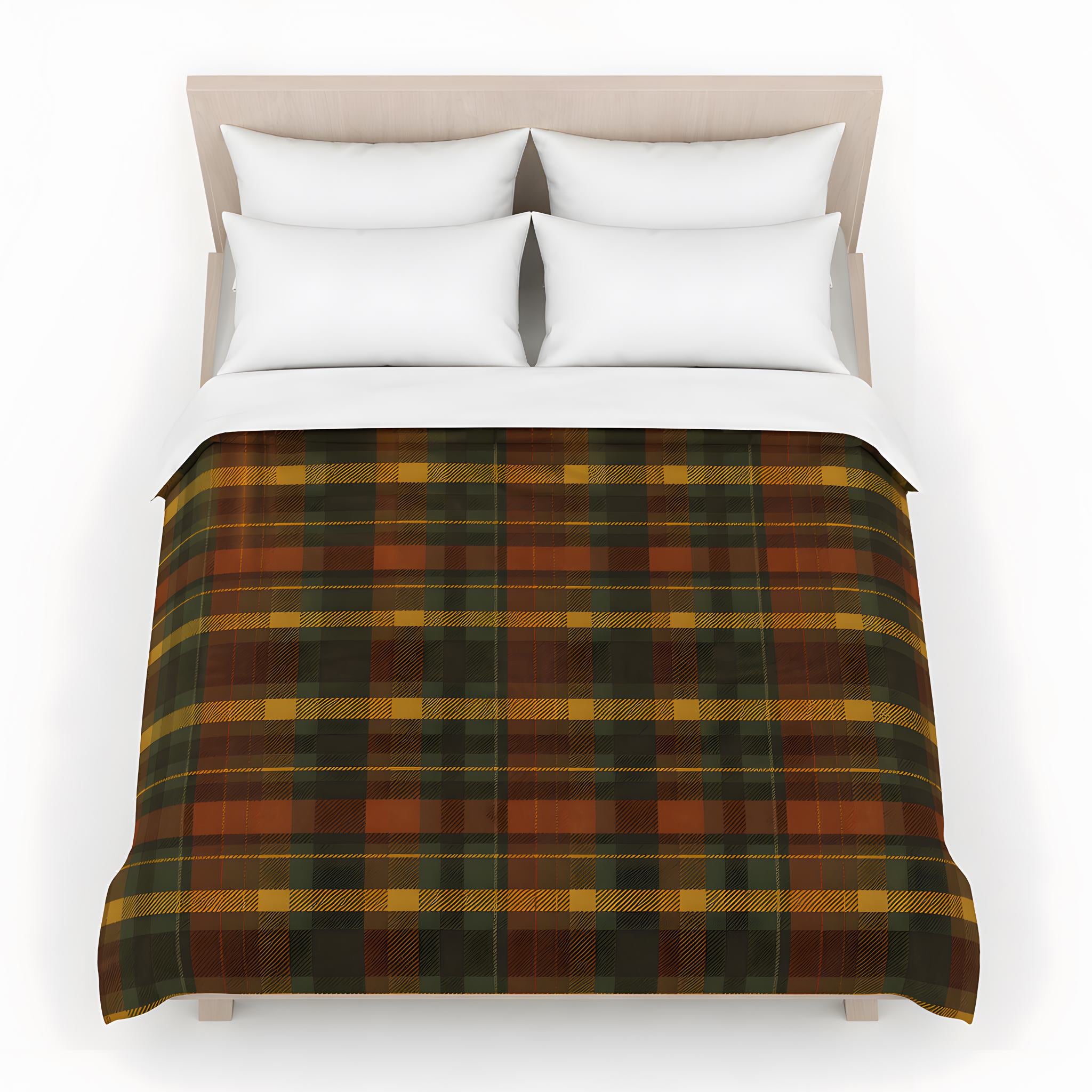 Autumn plaid blanket on a bed with white pillows against a white background
