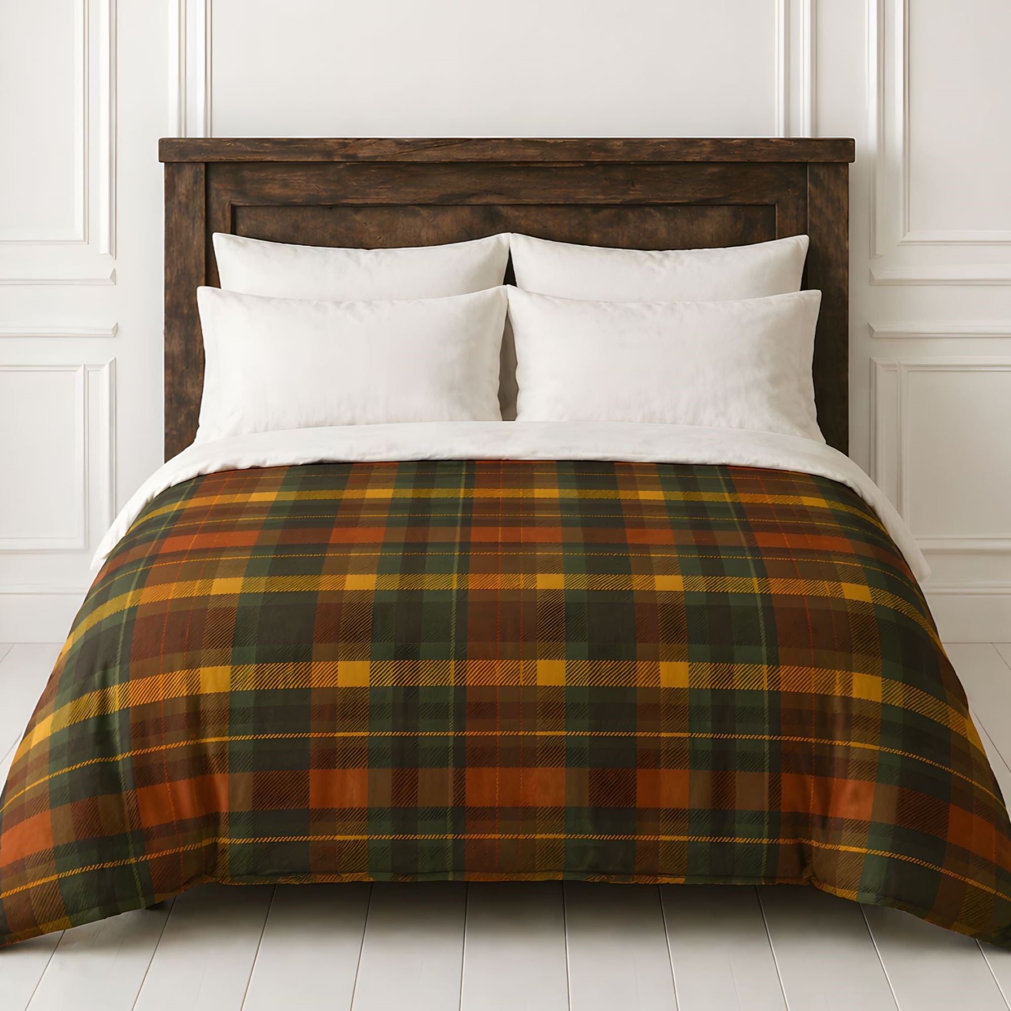 Rustic Bed with Autumn plaid comforter and white pillows against a white wall.