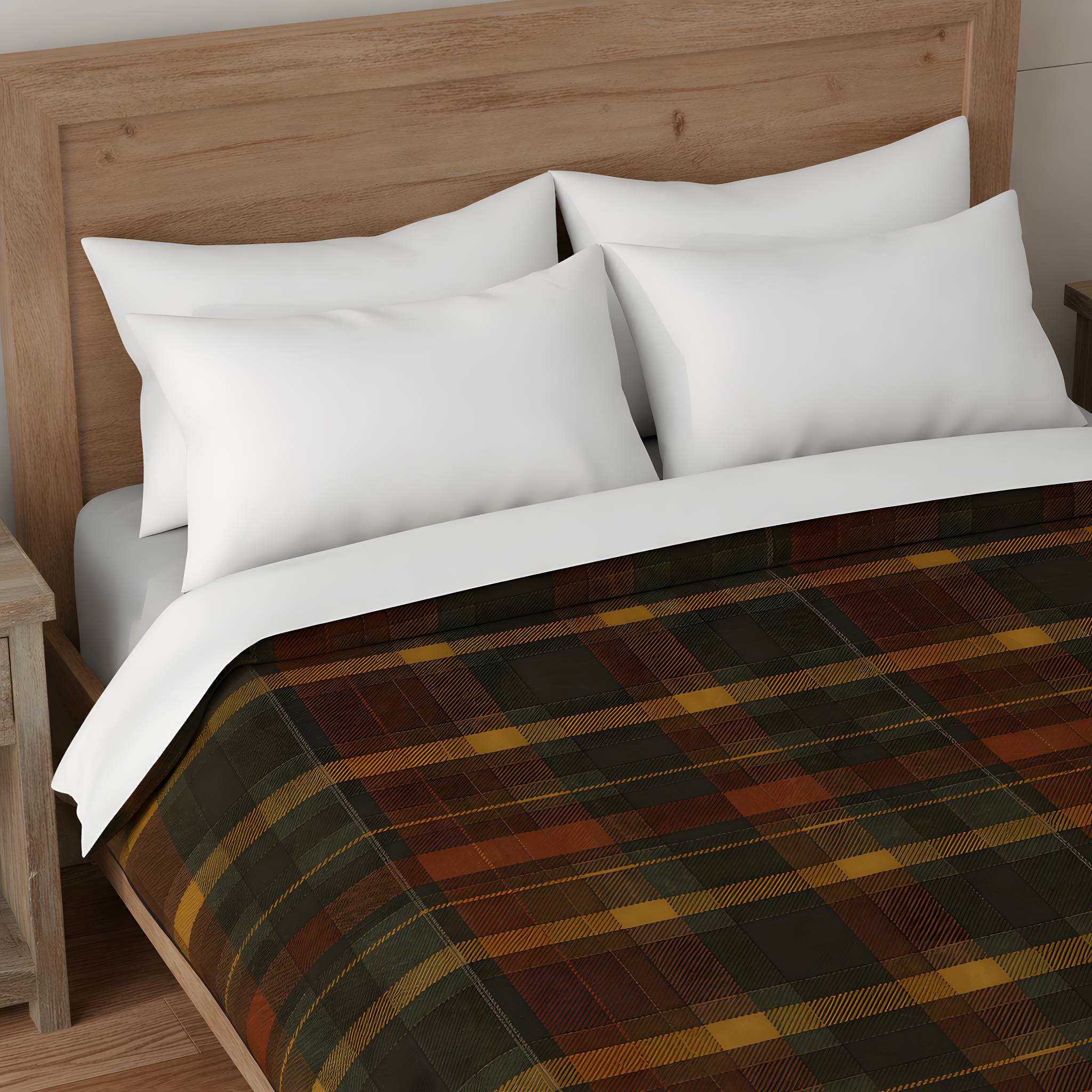 Bed with rustic plaid comforter and white pillows against a wooden headboard.
