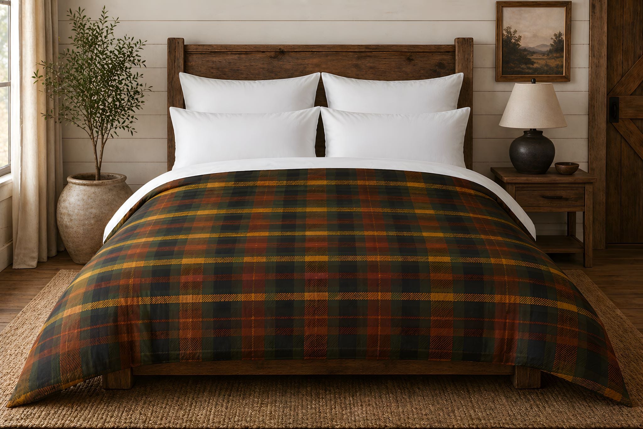 Bed with brown, red, green, and yellow plaid comforter in a rustic bedroom setting