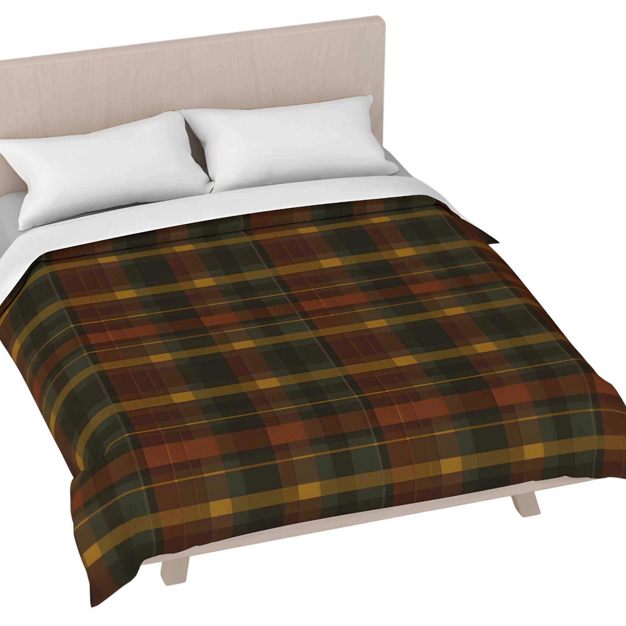 Plaid blanket on a bed with white pillows and a beige headboard.
