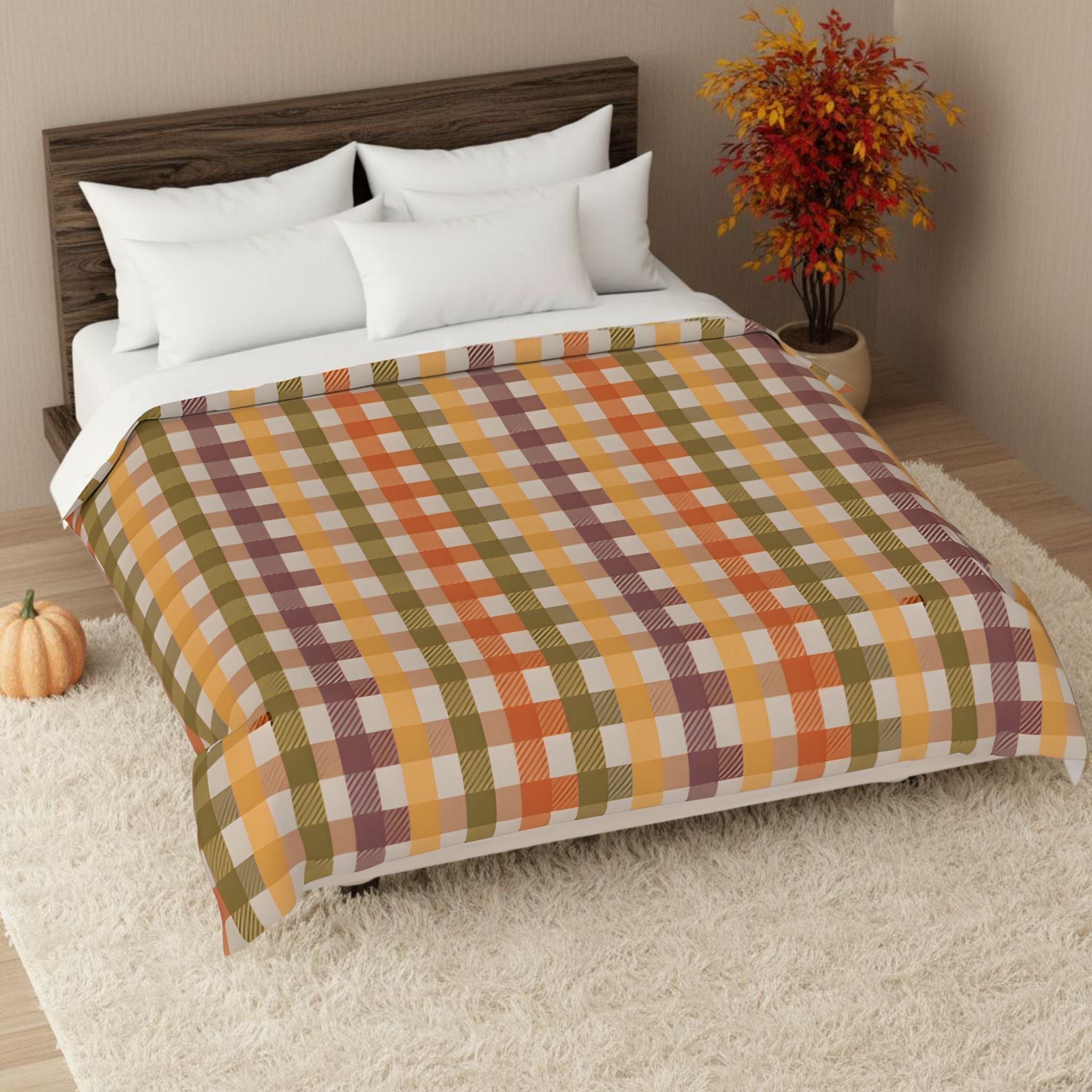 Bed with a plaid blanket, white pillows, and Autumn bedroom home decor.