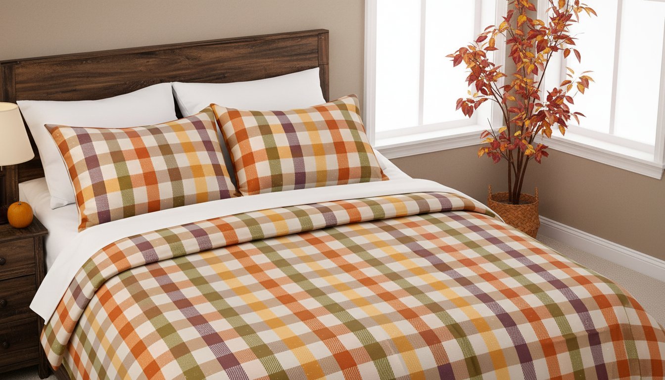 Autumn bedroom featuring fall colored bedding in cotton sateen.