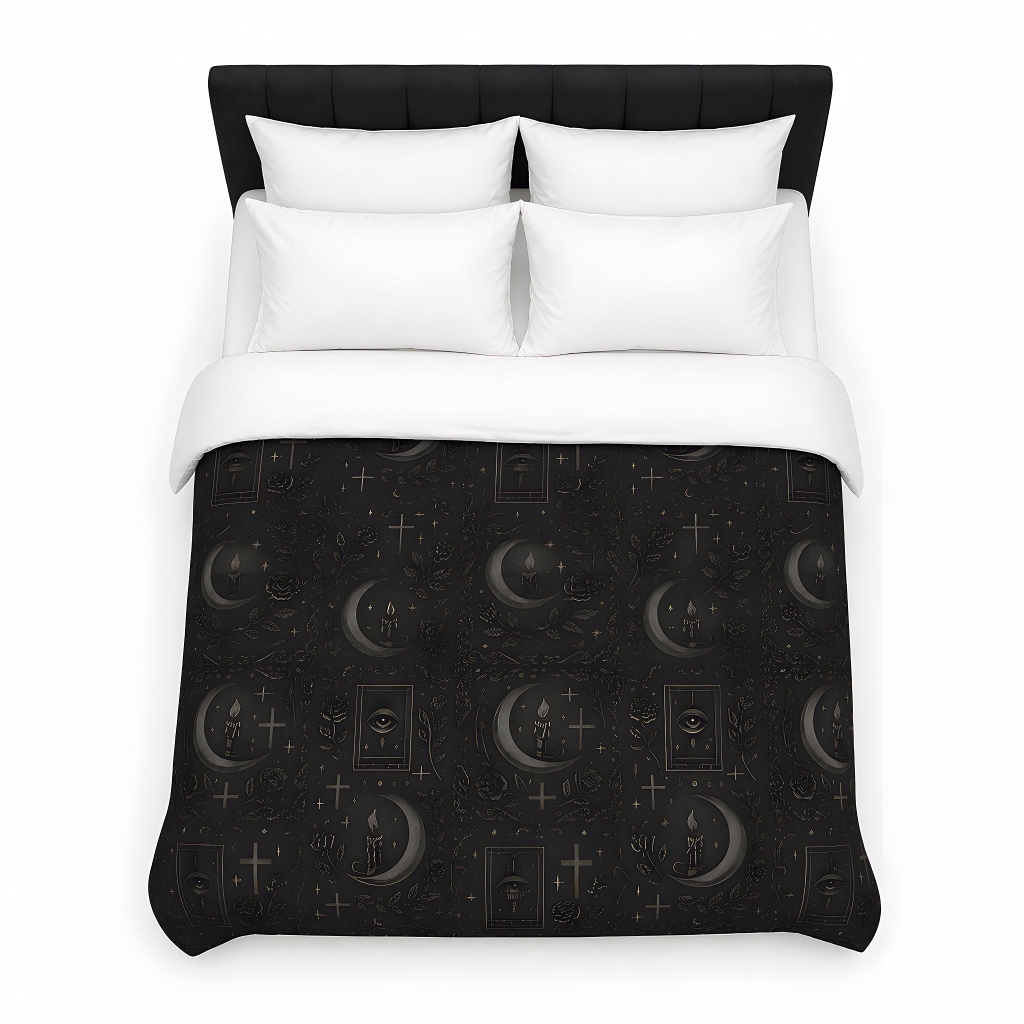 Flat lay of a whimsigoth duvet cover showing celestial mofits and tarot cards with four white pillows.