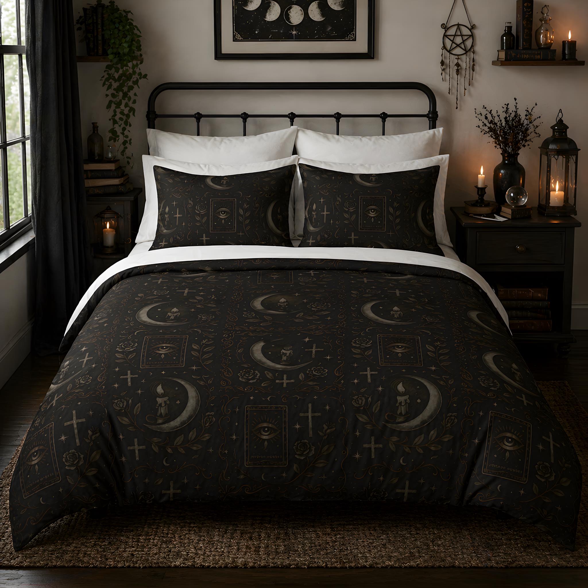Crescent moon gothic duvet with matching pillow shams in a witchy bedroom.