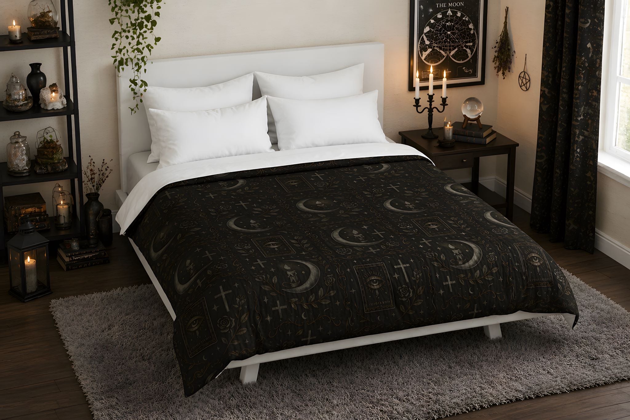 Whimsigoth Bedroom with a black duvet with celestial patterns, surrounded by candles and gothic items.