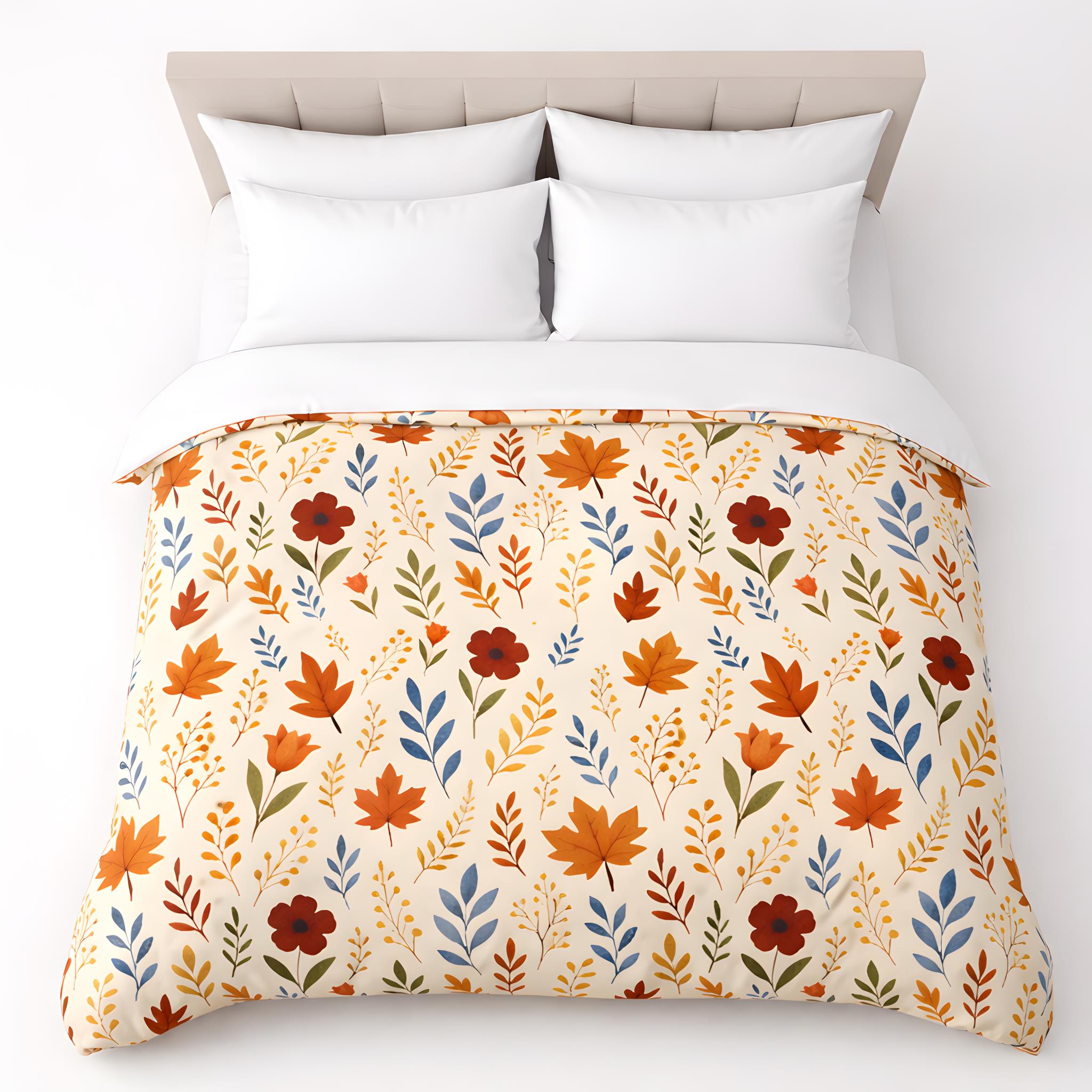 Fall leaf duvet cover flat lay with pillows  on a bed.
