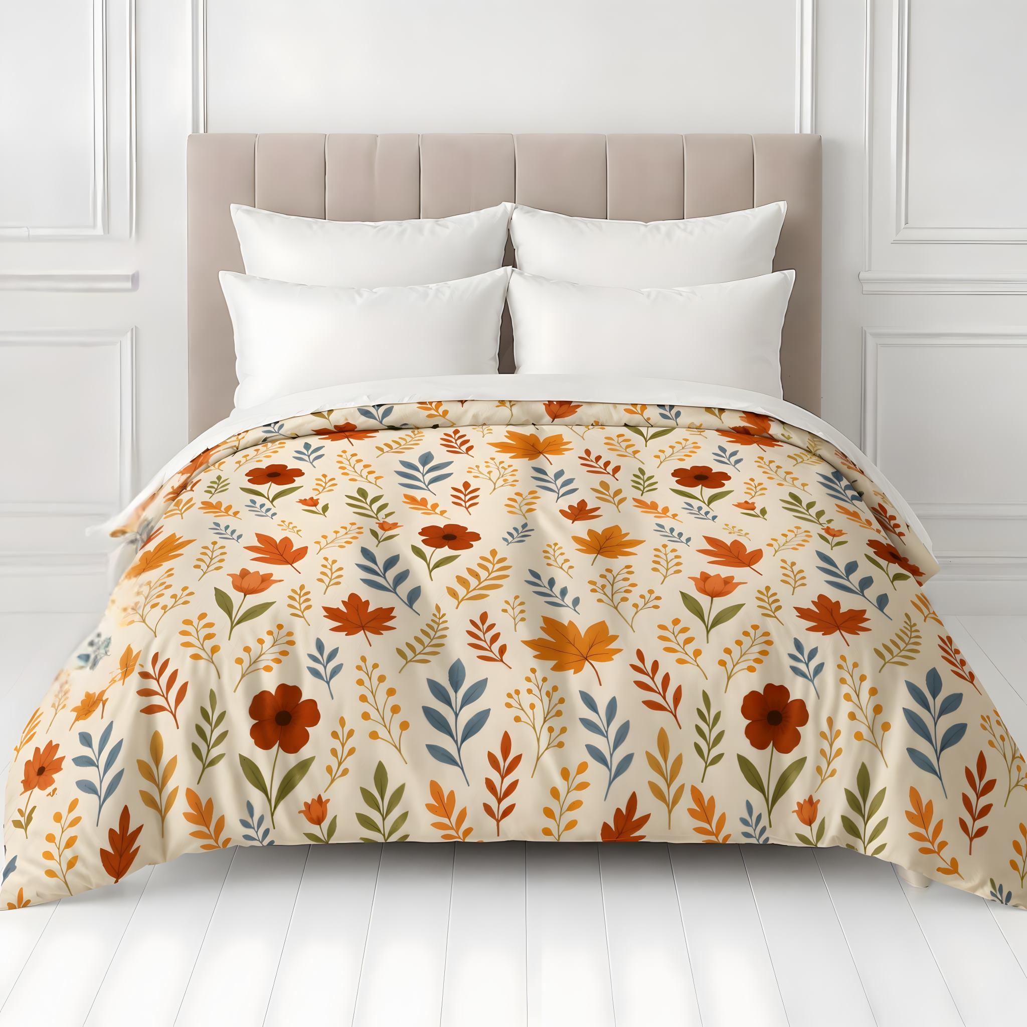 Autumn Bed with a fall-leaf-patterned comforter and white pillows against a white wall.