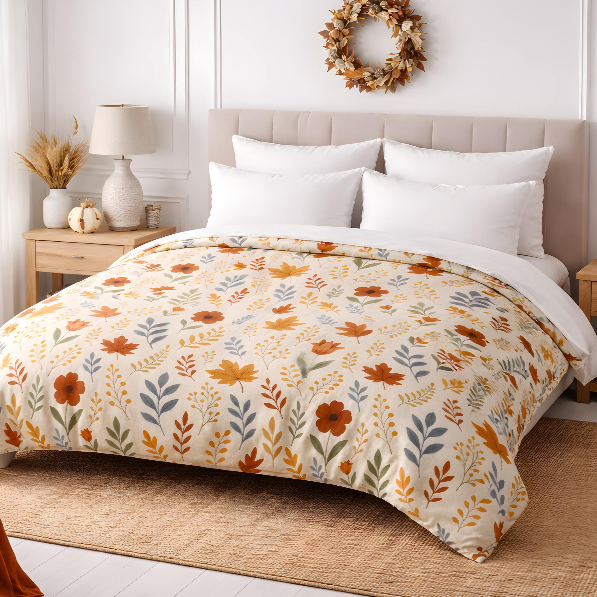 Fall cottage bedroom with an Autumn leaf duvet cover.