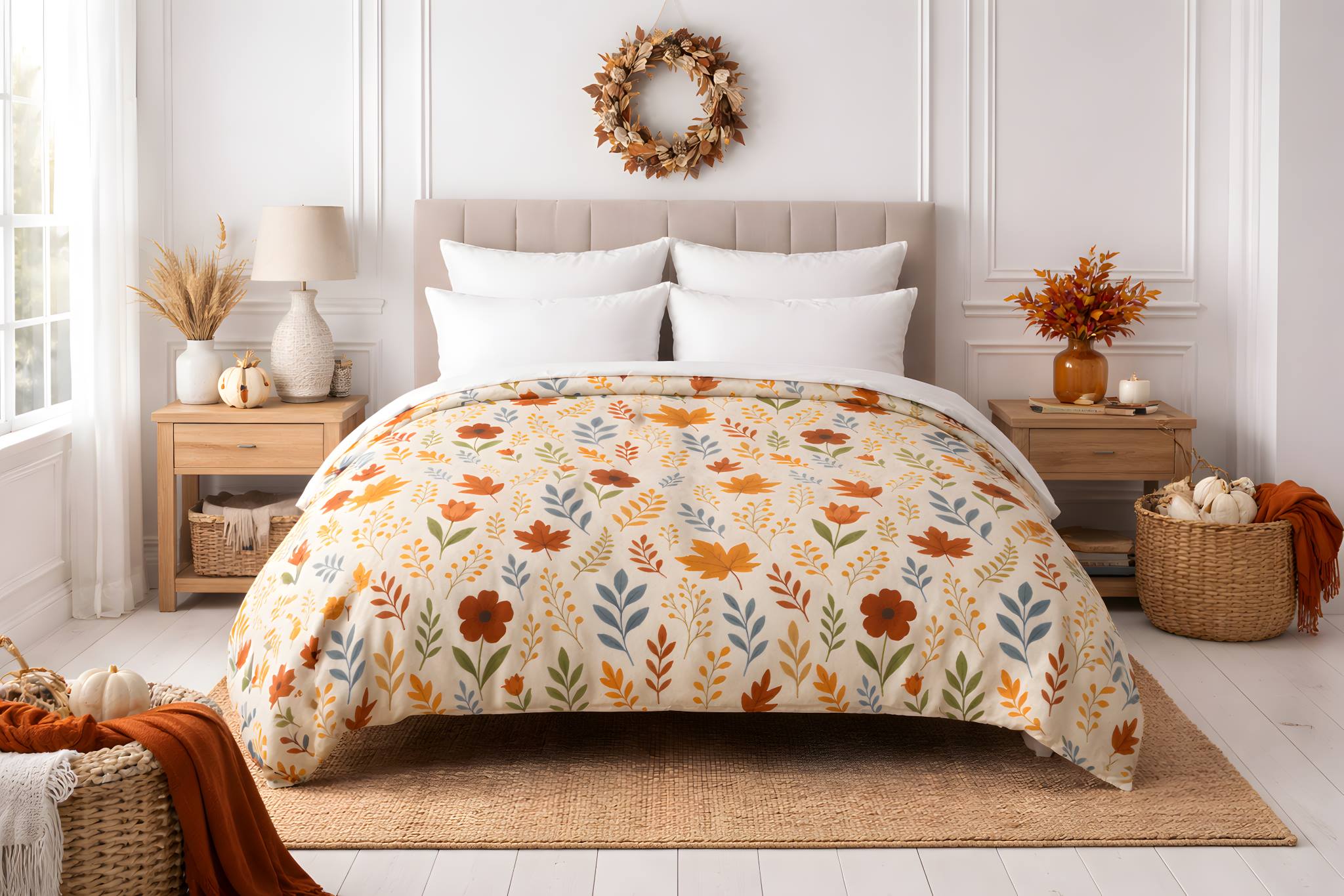 Cottage styled bedroom with fall leaf duvet cover in an Autumn styled bedroom.