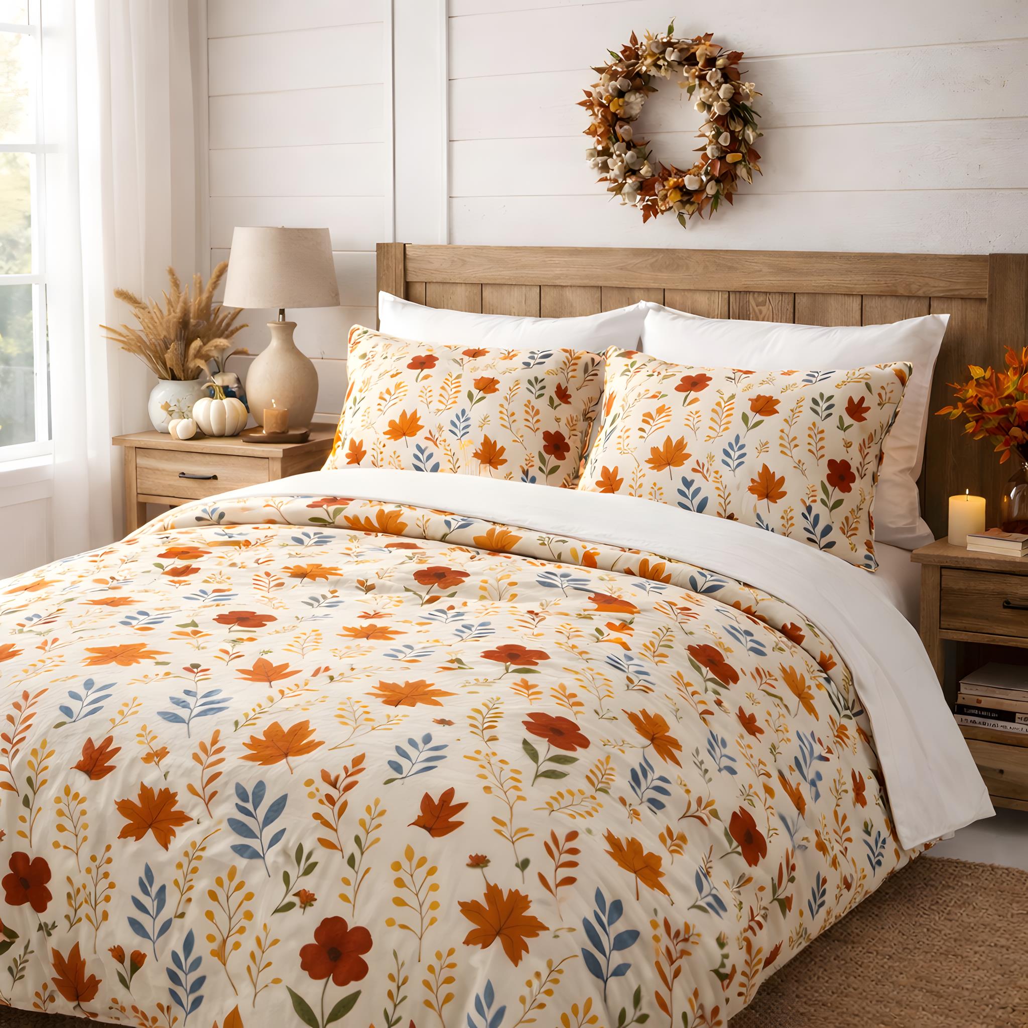 Autumn styled bedroom with fall leaf bedding and pillow shams.