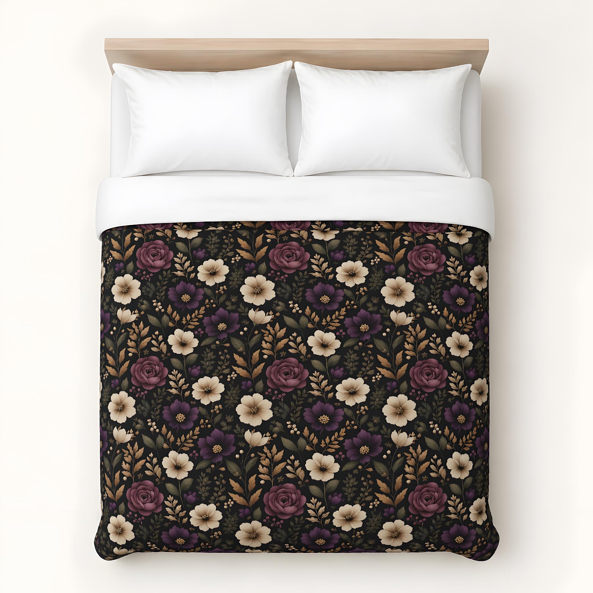 Floral plum duvet cover on a bed with white pillows.
