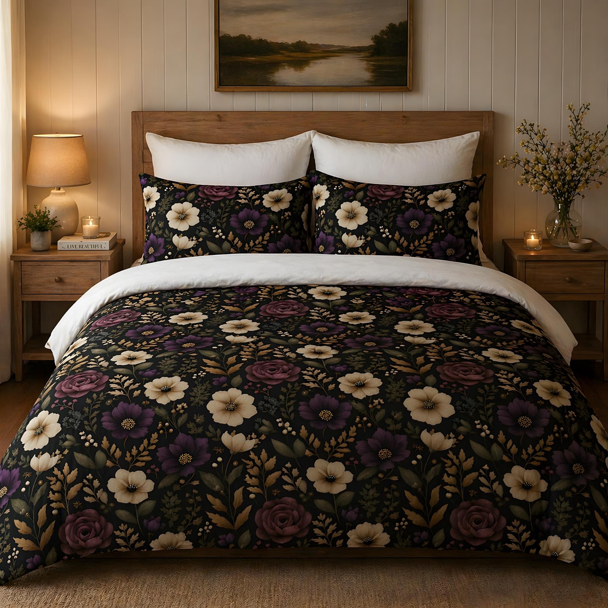 Plum and ivory floral bedding set on a moody bed in a bedroom with a painting and lamps.