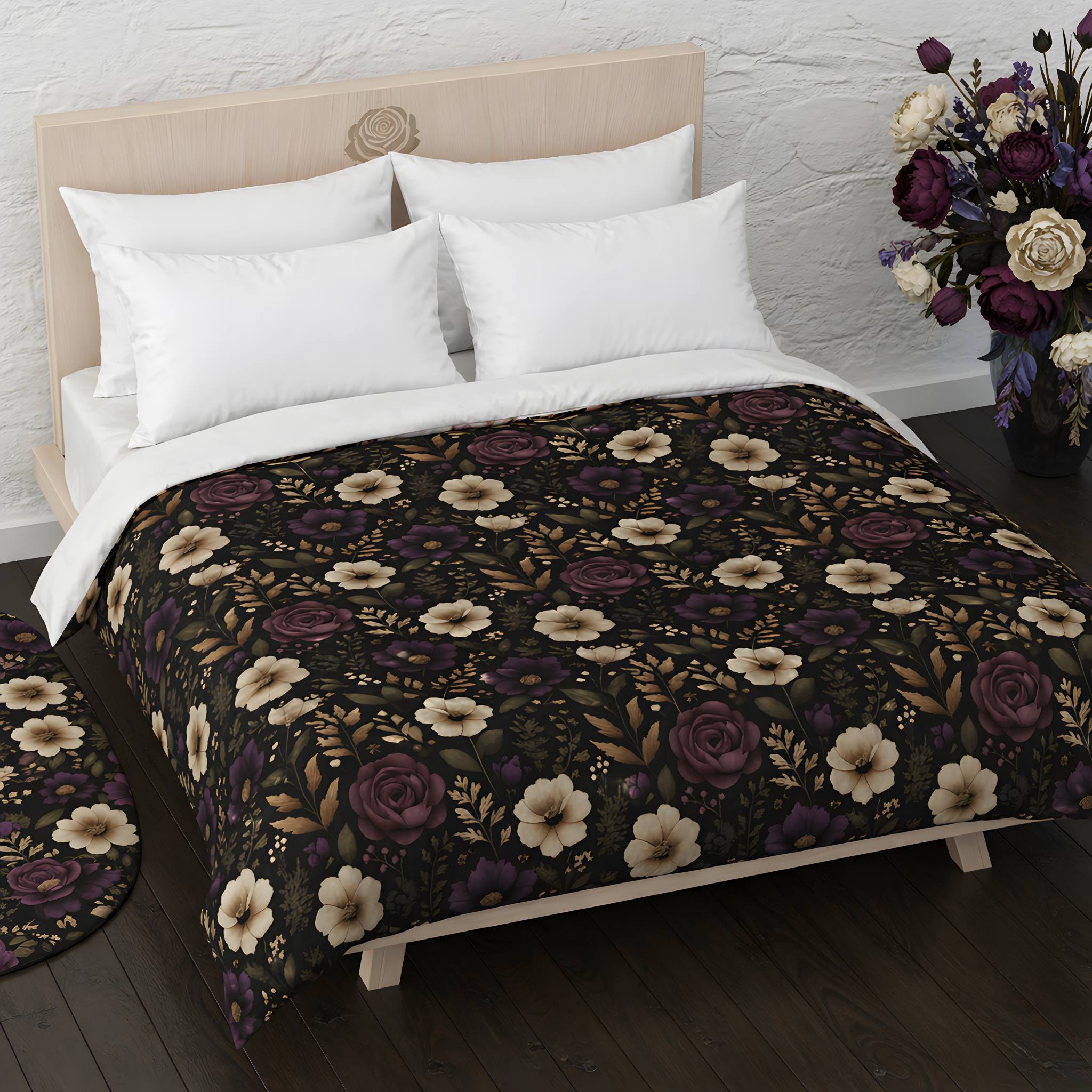 Floral duvet cover in plum and ivory colors on a bed with white pillows and a vase of flowers in the corner.