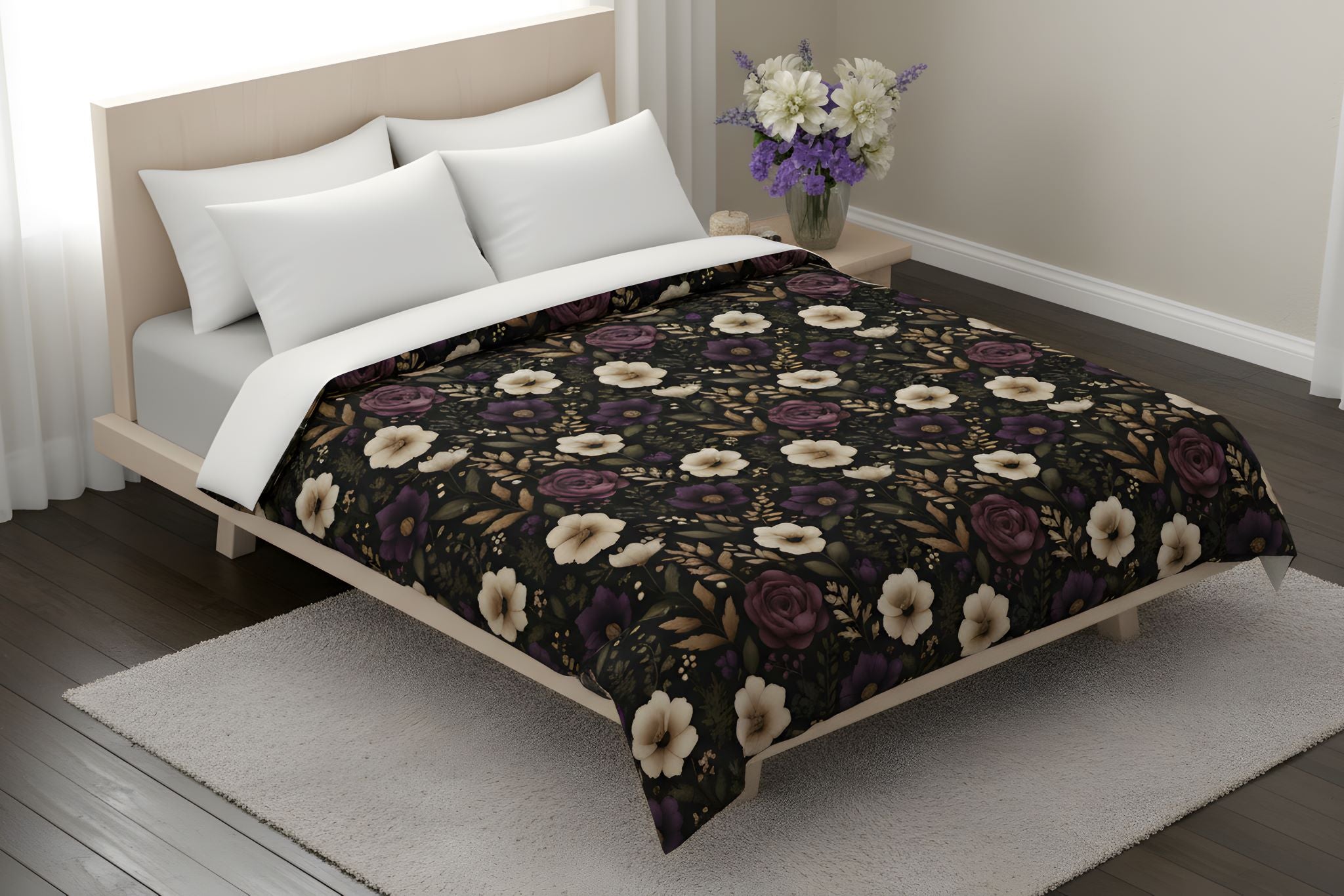 Moody floral duvet cover on a bed in a room with flowers and a rug.