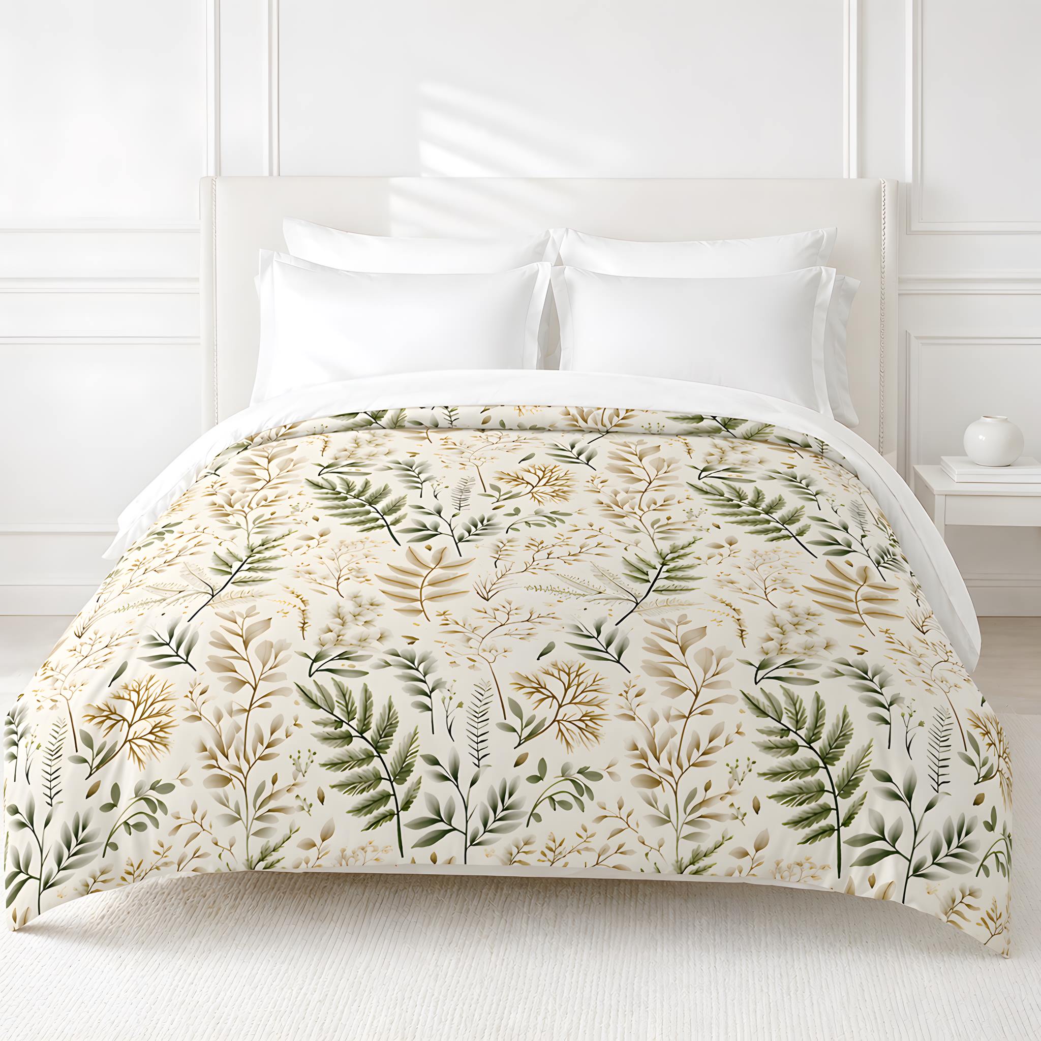 Fern leaf duvet cover on a bed with white pillows against a white wall.