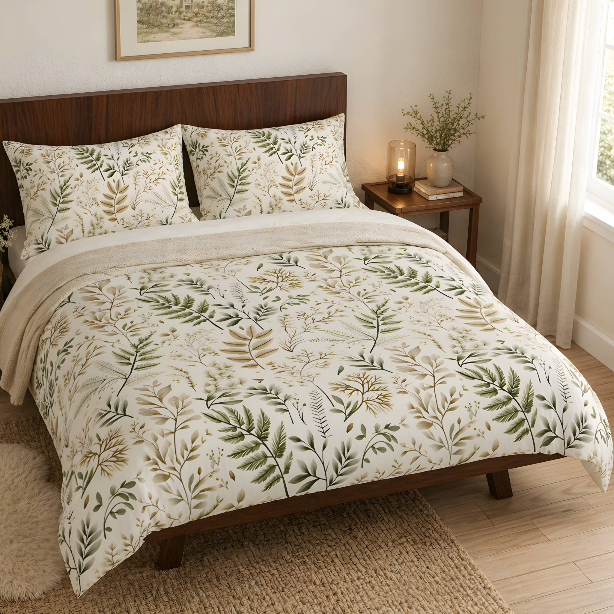 Fern leaf pattern on a botanical duvet cover in a cottage styled bedroom.